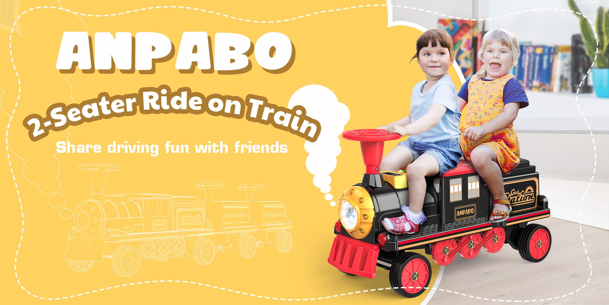 ANPABO 2-Seater Ride On Train Trackless, 12V Ride On Toy with Height-Adjustable Seat, Extra Storage, Headlight, Train Whistle & Music, Electric Car for Kids 3+ (Carriage Not Included), Perfect Christmas Gift