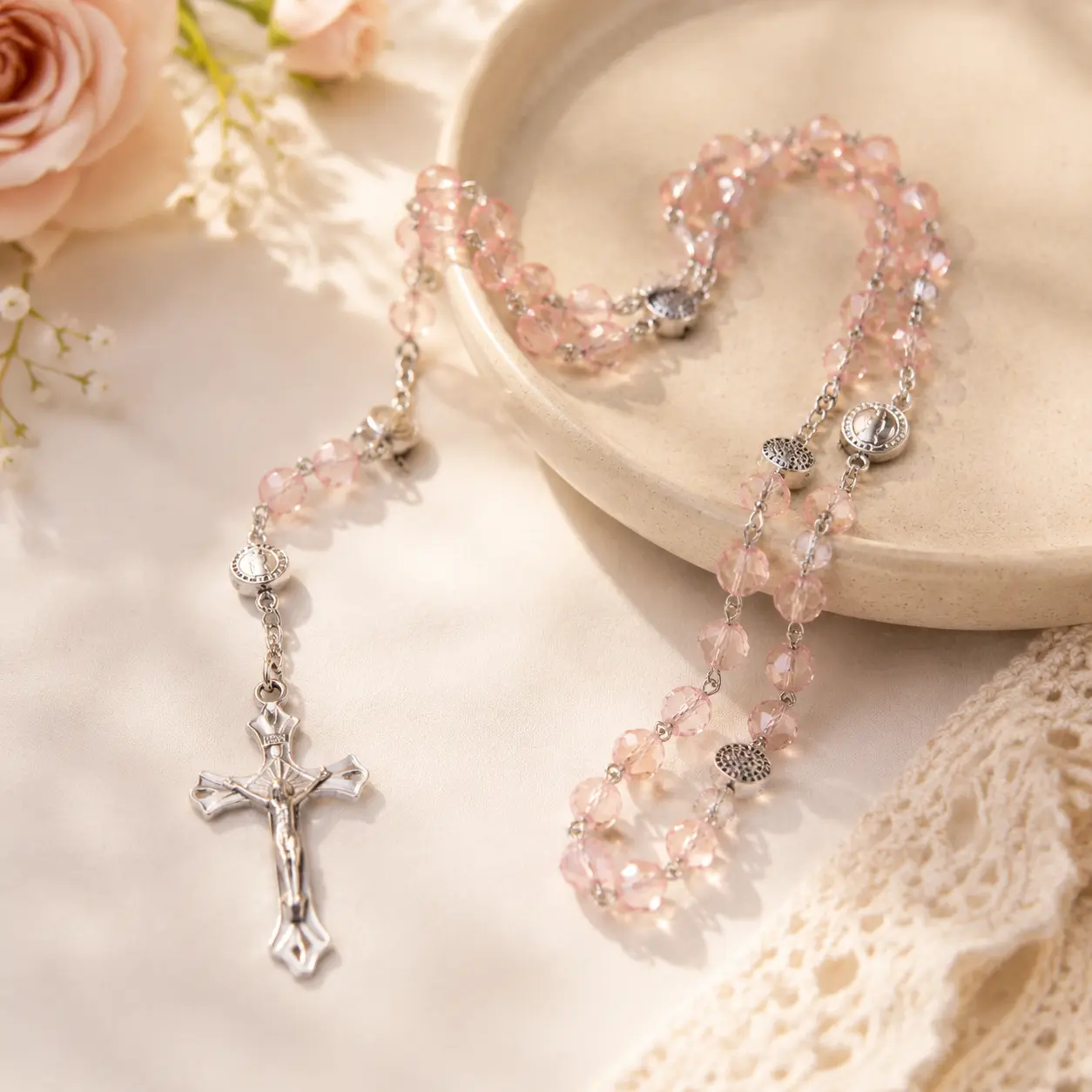 Pink Crystal Rosary Necklace, Aesthetic Beaded Prayer Jewelry with Cross Pendant for Women & Men, Gift for First Communion, Graduation & Wedding, 1 Piece, Crystal Beads, Transparent, Baptism, Confirmation, Colored, Crystal Pendants, Elegant Beaded Necklac