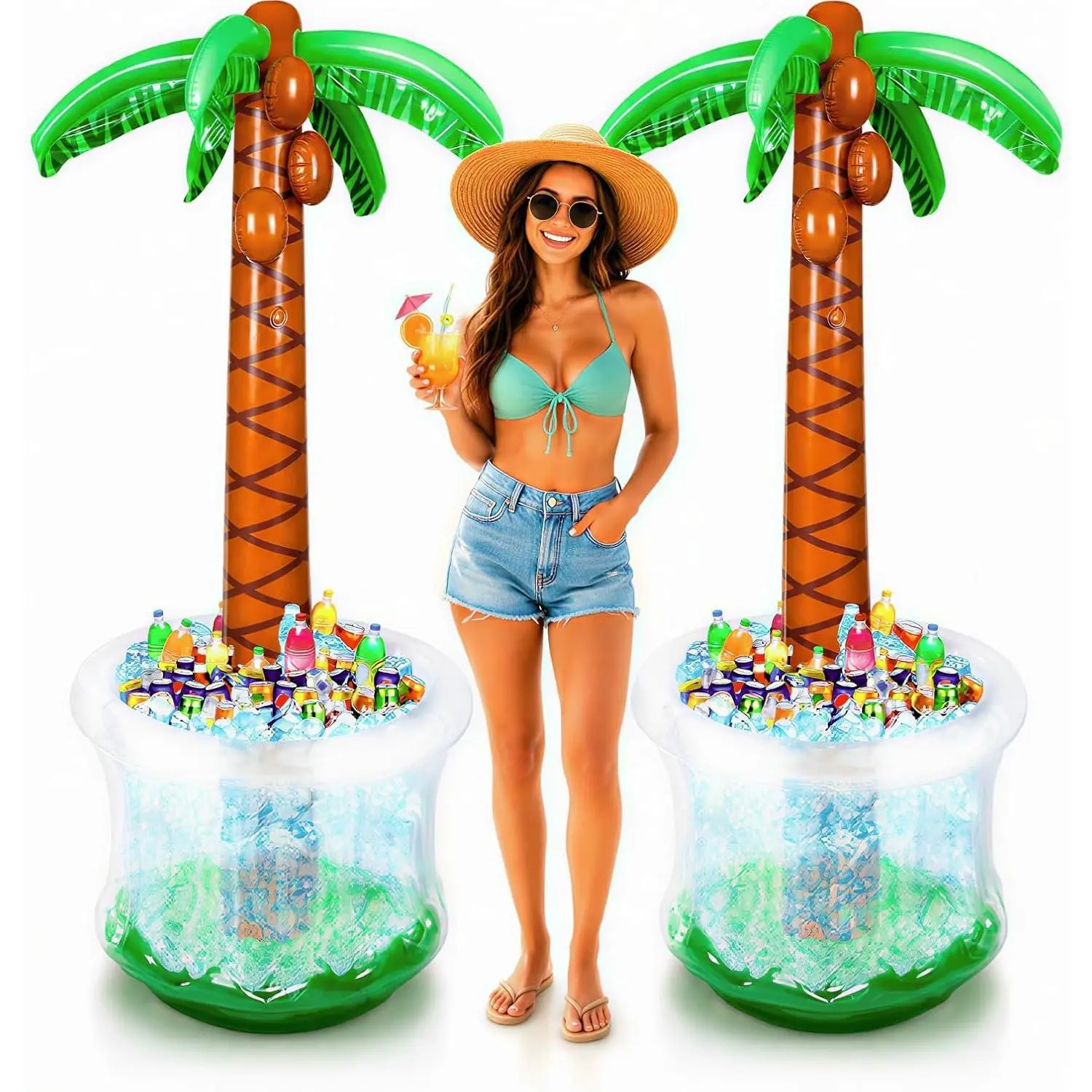 Inflatable Palm Tree Cooler 60" - 2 Pack Blow Up Palm Tree Party Cooler, Luau Hawaiian Tropical Beach Theme, Summer Swimming Pool Party Decorations - Outdoor Party Supplies - Kids Adults