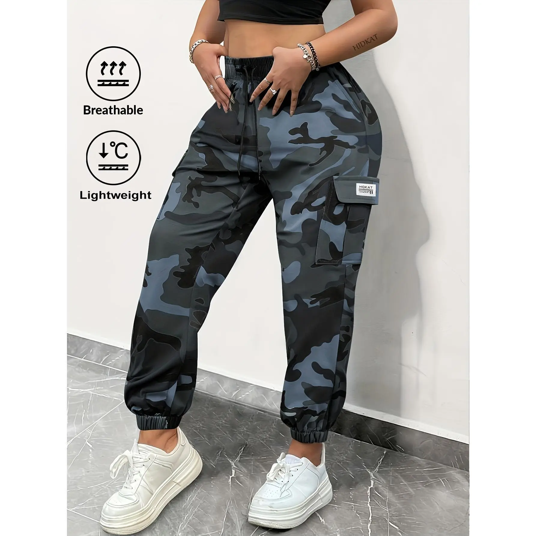 Women's Camo Cargo Jogger Pants, Lightweight Breathable Camouflage Pants with Pockets, Drawstring Elastic Waist Streetwear Joggers,Comfy Elastic Waist Drawstring Pants,Breathable Lightweight Running Pants