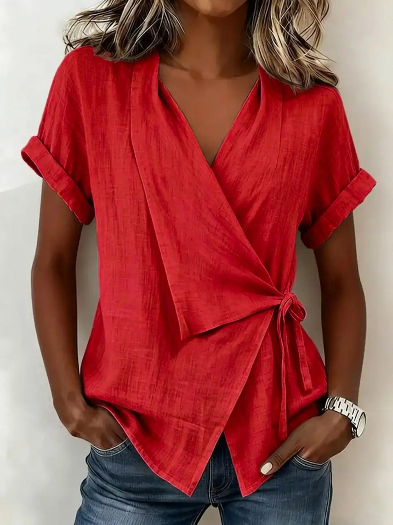 Women's Casual Short Sleeve Top Blouse, Tie Front Design, Fitted H-Type Silhouette, Medium Length, Breathable Summer Essential, Summer Vibes Tops, Beachy Shirt, Beach Life Shirt