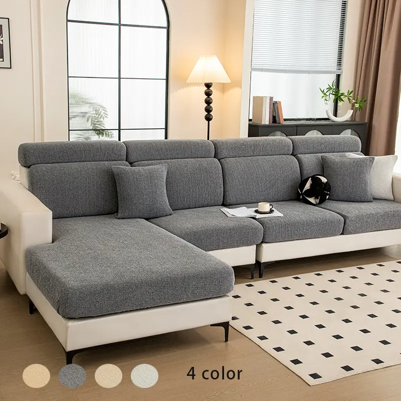 L Shaped Sectional Couch Covers 4 Seater Chaise Lounge Sofa Slipcover, Stretch Jacquard L Shape Sofa Cover with Separate Cushion Covers, Washable Soft Sectional Sofa Protector for Living Room, 4 Colors Available