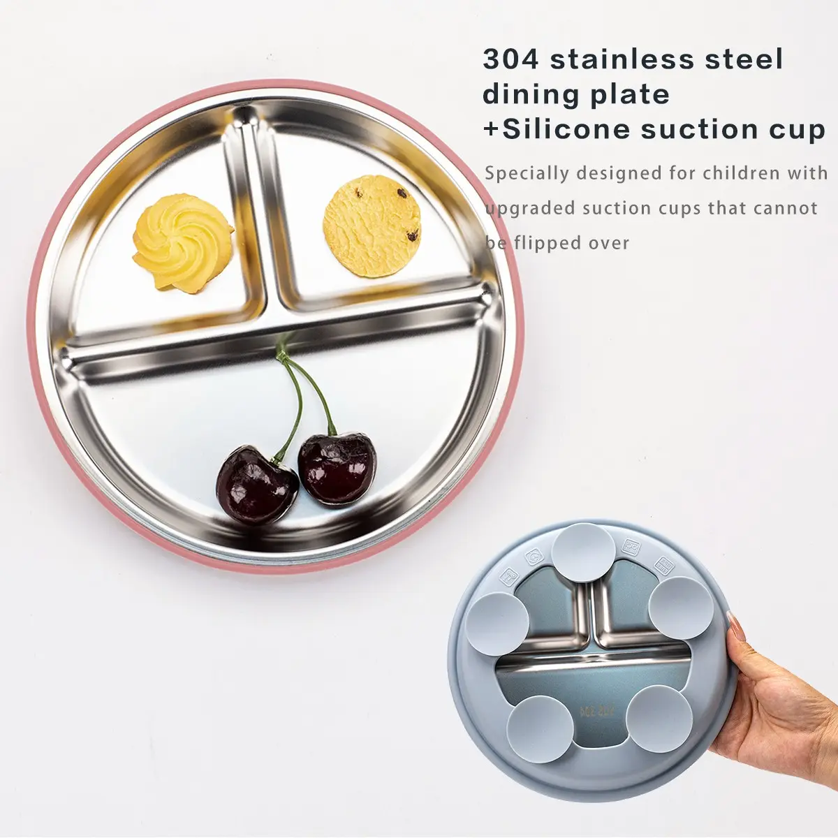 New Kids Stainless Steel Silicone Plate, Baby Meal Separator, 304 Stainless Steel Cutlery Silicone Plate with Suction Cup, Unisex, Toddler Plate