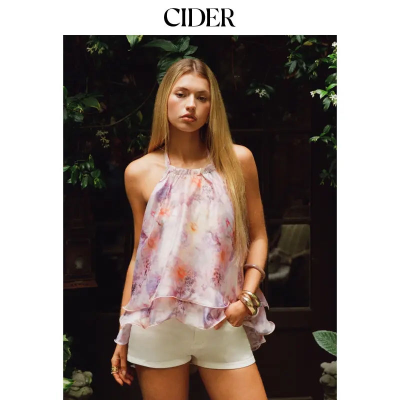 Cider Chiffon Floral Stand Collar Sleeveless Backless Ruffle Hem Blouse