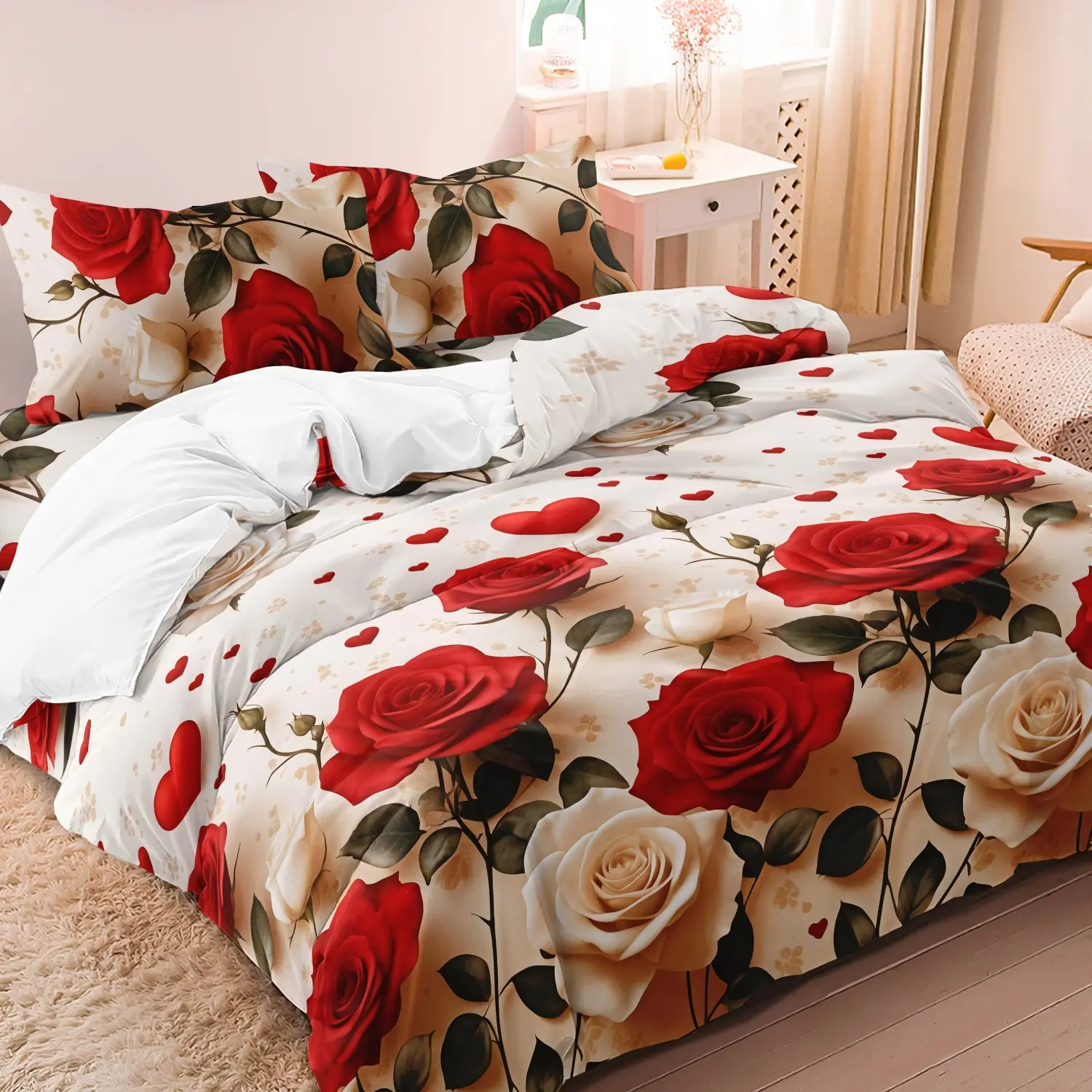 3Pcs Romantic Red White Rose Floral Pattern Decorative Duvet Cover Set, Love Heart Pattern Theme Bedding Set, Comfy Bed Sets For Family Bedrooms Dormitories Hotels (1 Duvet Cover + 2 Pillowcases No Comforter No Pillow)