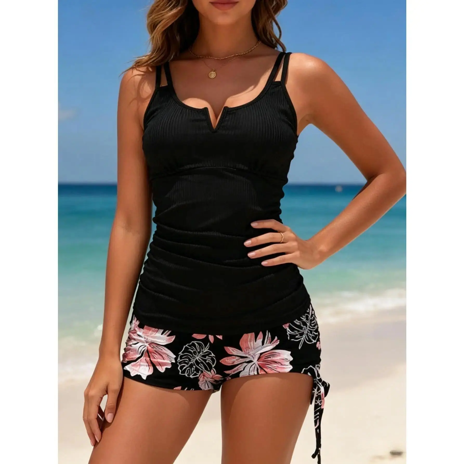 Women’s Floral Print 2 Piece Tankini Swimsuit, Notch Neck Double Strap Ruched Tummy Control Tank Top with Side Tie Boyshort Bottoms, Modest Slimming Bathing Suit for Beach Pool Summer Vacation