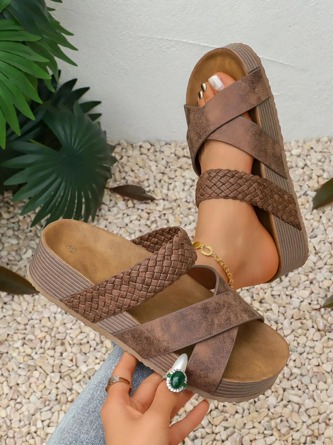 Vintage Atmosphere Braided Wedge Sandals, Soft Wood Thick Sole Heeled Slippers, Jeans Matchable Summer Women's Shoes