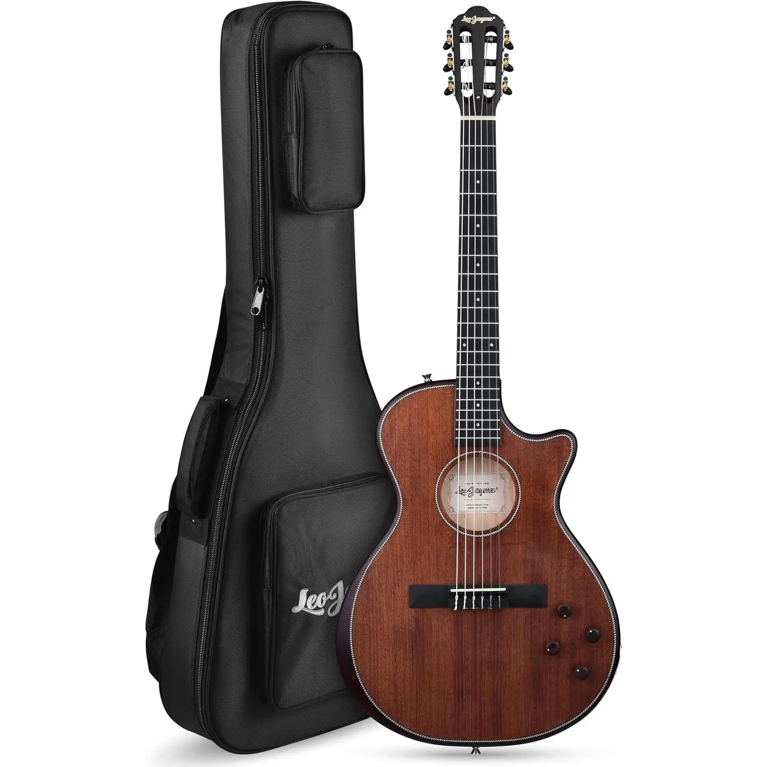 Leo Jaymz Classical Guitar - Slotted Headstock Acoustic-Electric, Cutaway, Matte Finish, Nylon Strings, Solid Top, Dual Pickup System, Stainless Steel Frets, Mahogany Tonewood