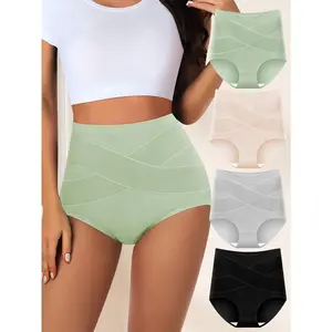 QUASTI 4 Pcs High Waist Cross Compression Briefs, Cotton Tummy Control & Butt Lifting Underwear, Plus Size Friendly Quick-Dry Lightweight Shaping Panties, 0XL-5XL
