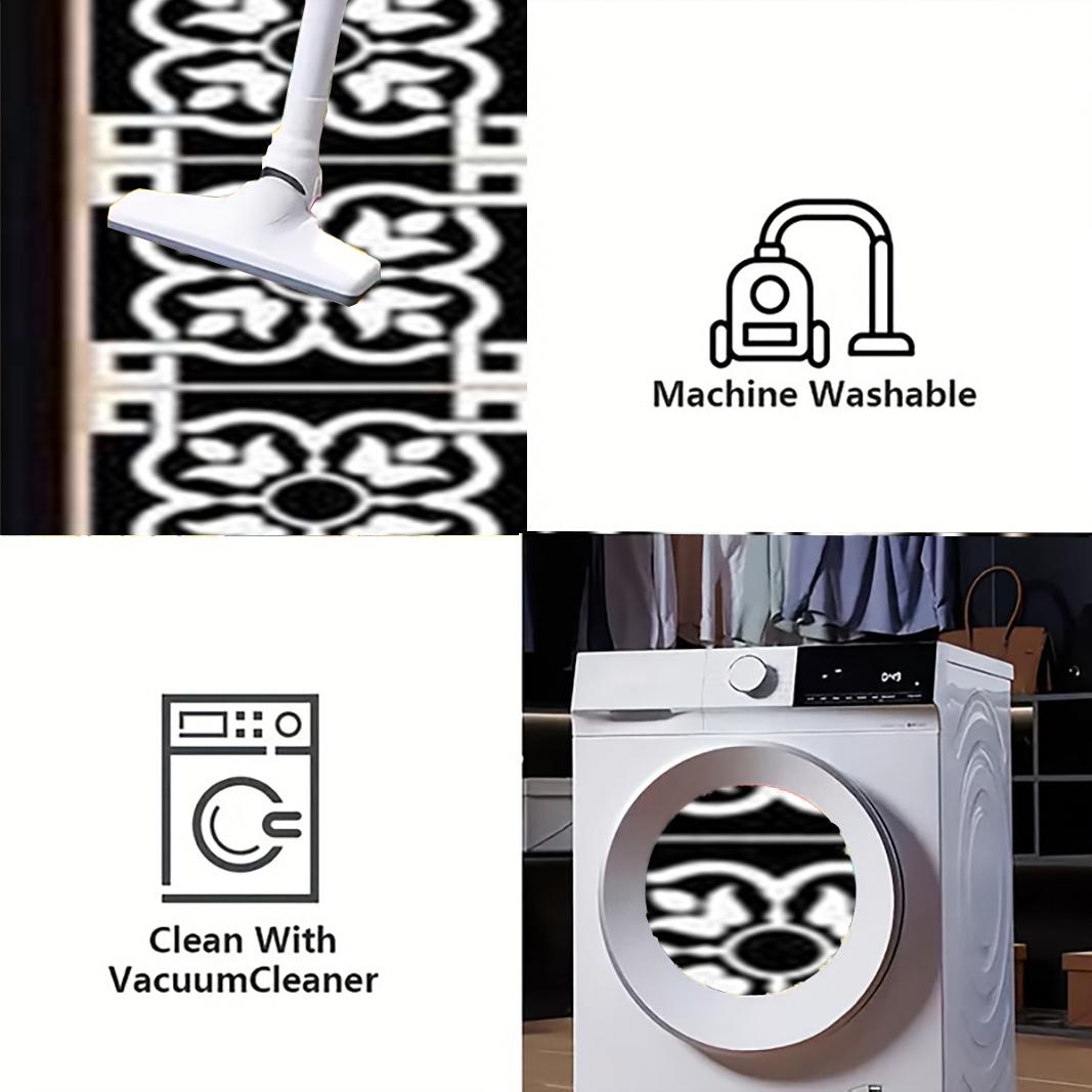 1pc of Black And White Floral Geometric Pattern Vintage Style Kitchen Rug, Hallway Carpet, Long Runner, Soft And Durable, Machine Washable And Easy to Clean,  Non-Slip Backing, Suitable for Kitchen Mats