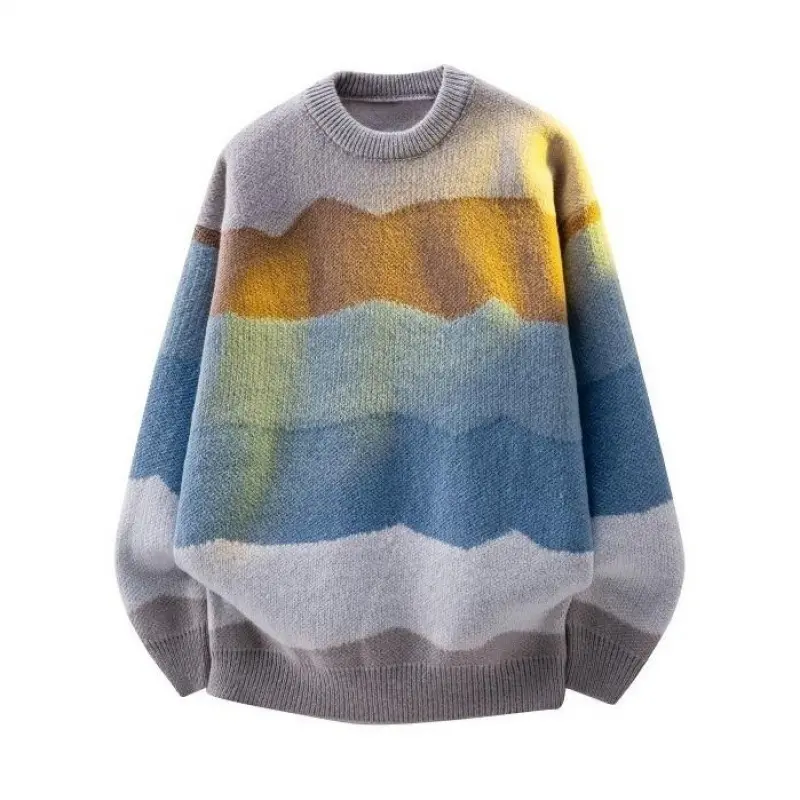 Men's Designer Pullover, Mountain Landscape Colorblock Knit Sweater, Stylish Baggy Drop Shoulder Crew Neck Top for Autumn Winter Day Outfits, Unisex, Knitwear, Striped, Fashion, Basic, Oversized, New Year, Casual, Print, Round Neck, Clothes, Soft