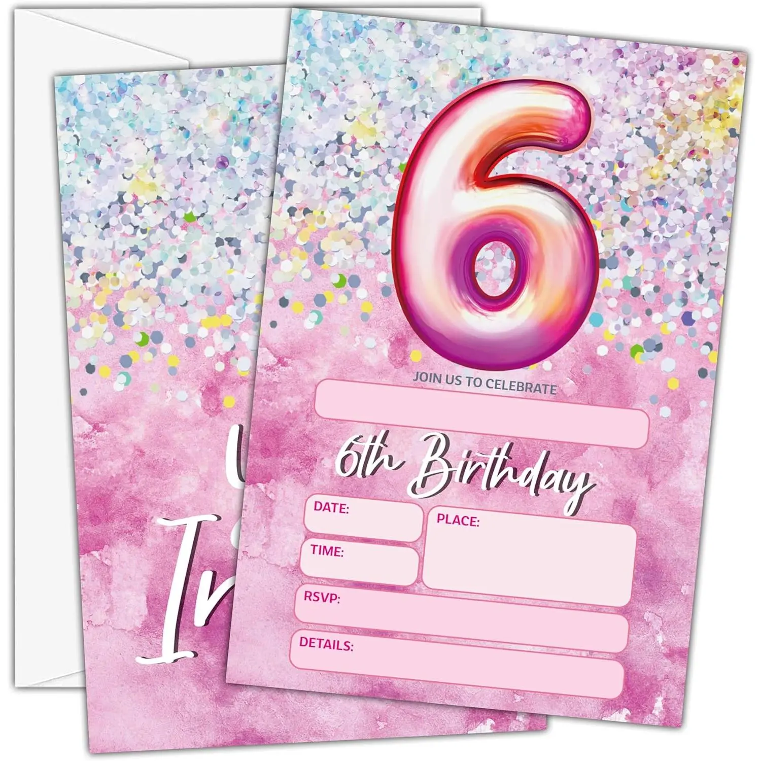 Pink 6th Birthday Invitations with Envelopes 25 Count Rainbow Foil Fill-in Invite Cards for Girls Kids Party Supplies Favors Decorations