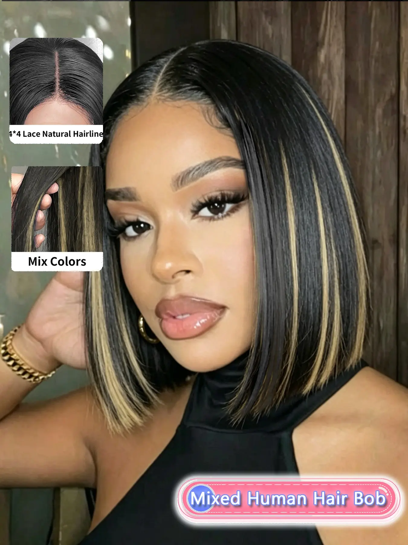 10 Inch Human Hair Straight Bob Wig, Mixed Color 4x4 Lace Closure Wig, Middle Part Blunt Cut Style, Natural Looking Hairline, Lightweight Short Wig for Women, Human Hair Wigs