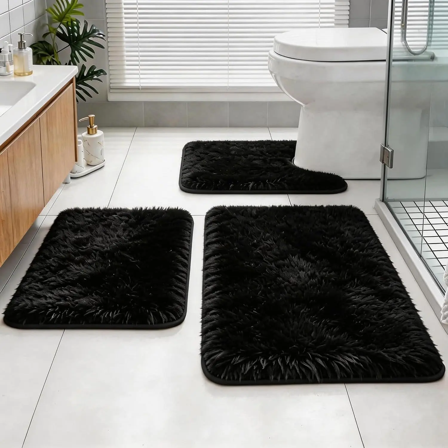 Bathroom Rugs Set Plush  Bath Rugs Non-Slip Shaggy Bath Mat Set 3 count,Washable Mats,Absorbent Shaggy Rugs Super Soft U-Shaped Toilet Rug,Bahroom Carpets for Bathroom,Tub,Shower Black