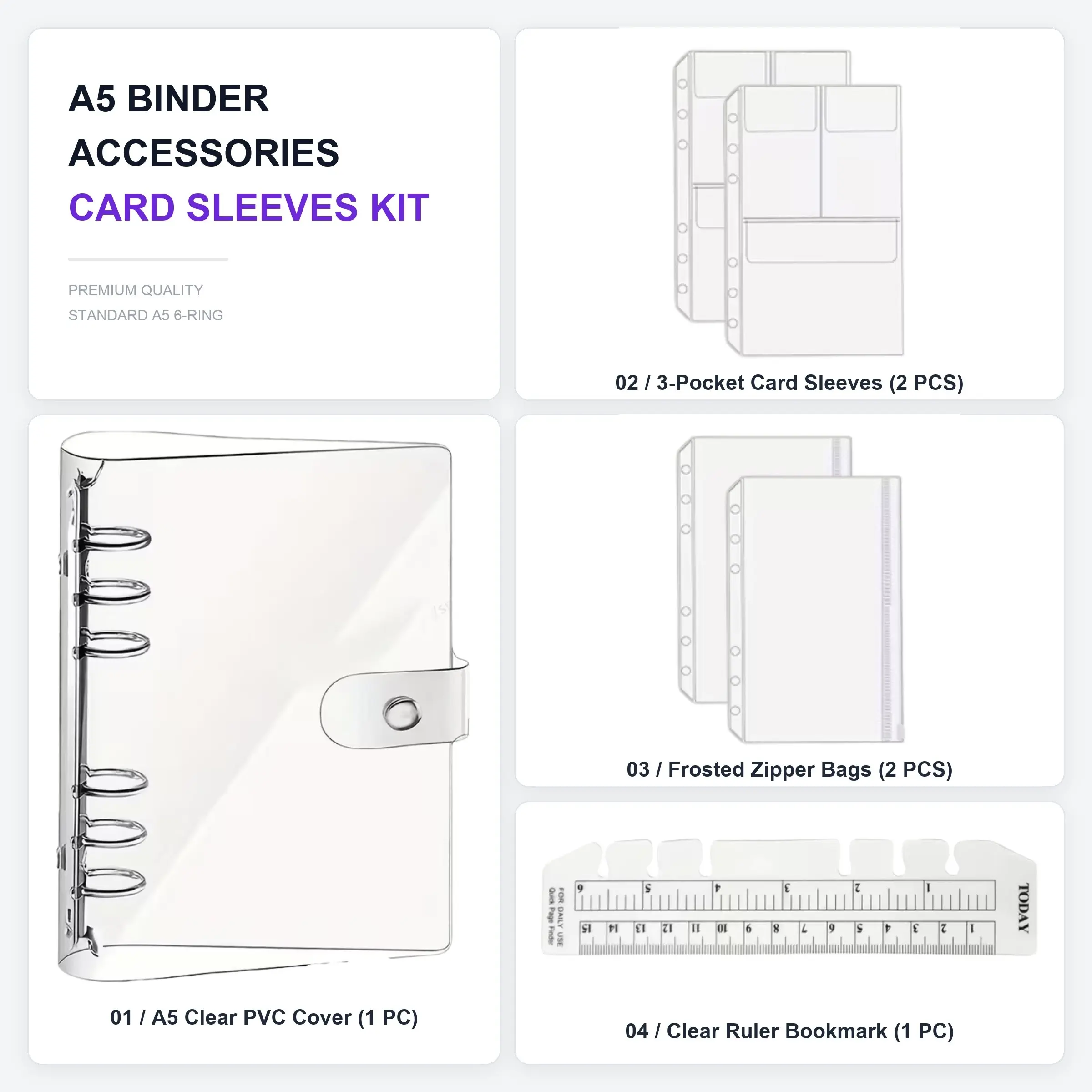 A5 Clear PVC 6 Ring Binder Cover Refillable Budget Binder Loose Leaf Journal Shell Kpop Photocard Binder Photo Card Album Organizer with 3 Pocket Sleeves Frosted Zipper Envelopes Bookmark Ruler Kit for Cards Sticker Storage Stationery