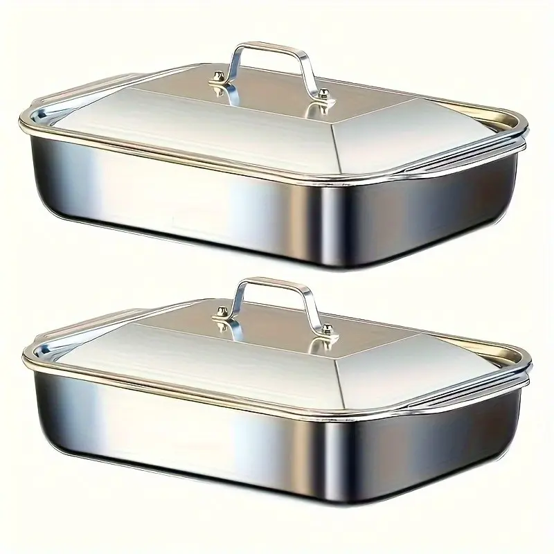 4-piece Set: 2 Deep Pans and 2 Lidded Pans with Handles, Stainless Steel Rectangular Baking Pans with Steel Lids - 6-liter Large Capacity, 16.14-inch Deep Baking Pan, Fish Pan, Roasting Pan, Lasagna Pan, Chicken, Dishwasher Safe, Gift for Men, Bakeware