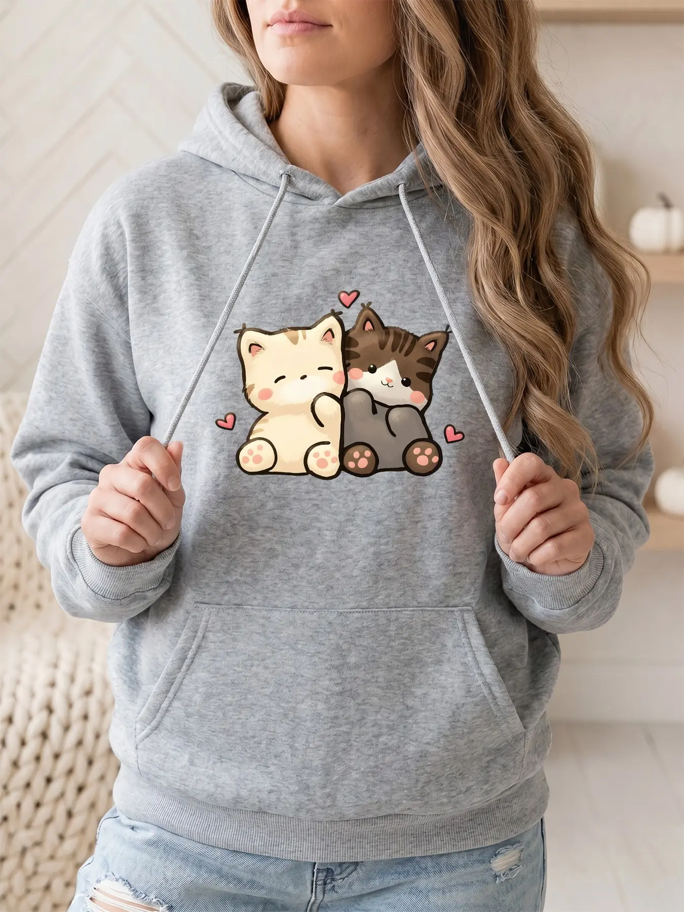 Women's Fashion Hooded Sweatshirt, Cartoon Cat Print, Adjustable Drawstring Kangaroo Pocket, Fall Winter Casual Sports Top, Perfect for Parties