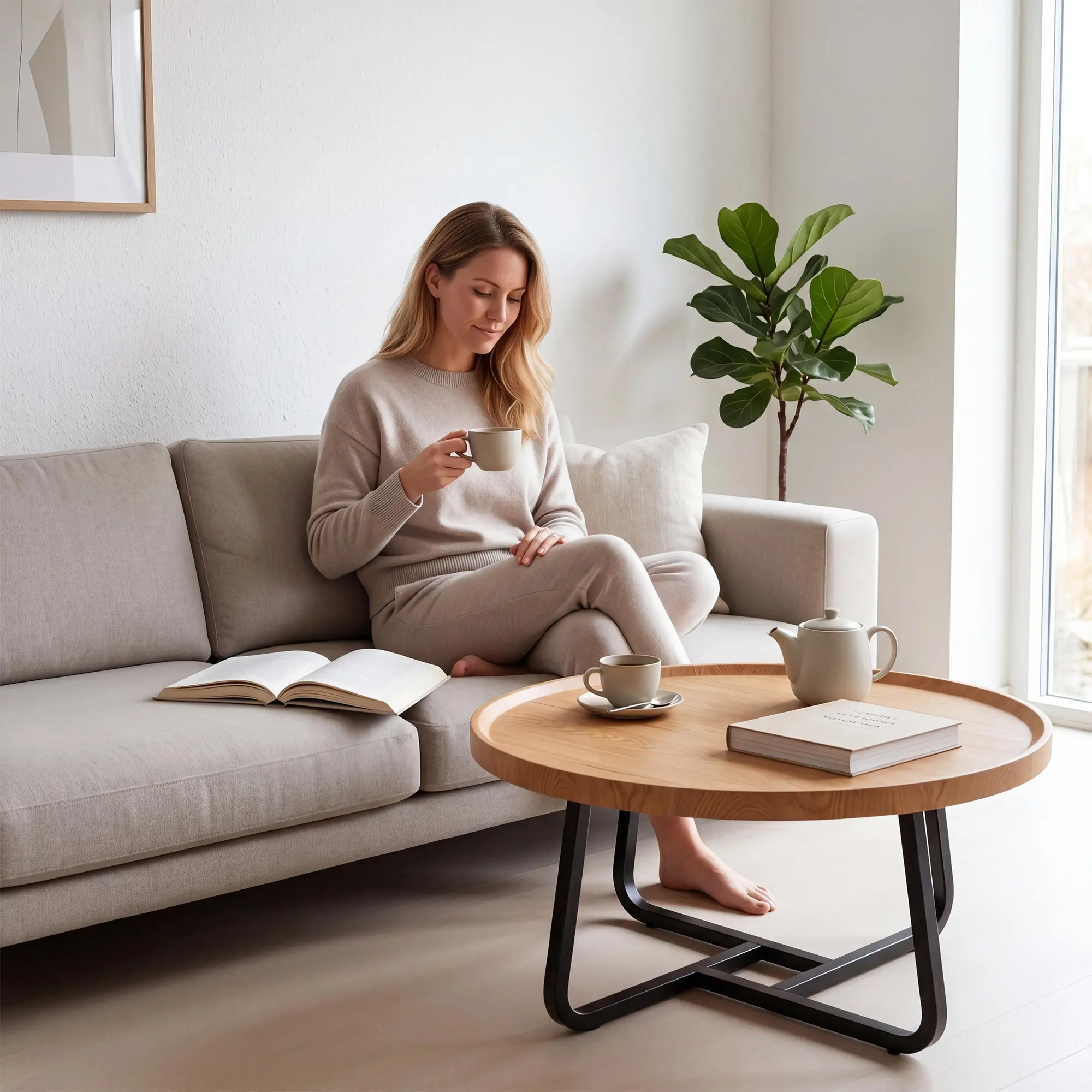 Round Coffee Table for Living Room, Industrial Circle Coffee Table, Modern Wooden Accent Center Table Sofa Side Table for Living Room, 21.7" x 21.7" x 15",dorm essentials,home decor