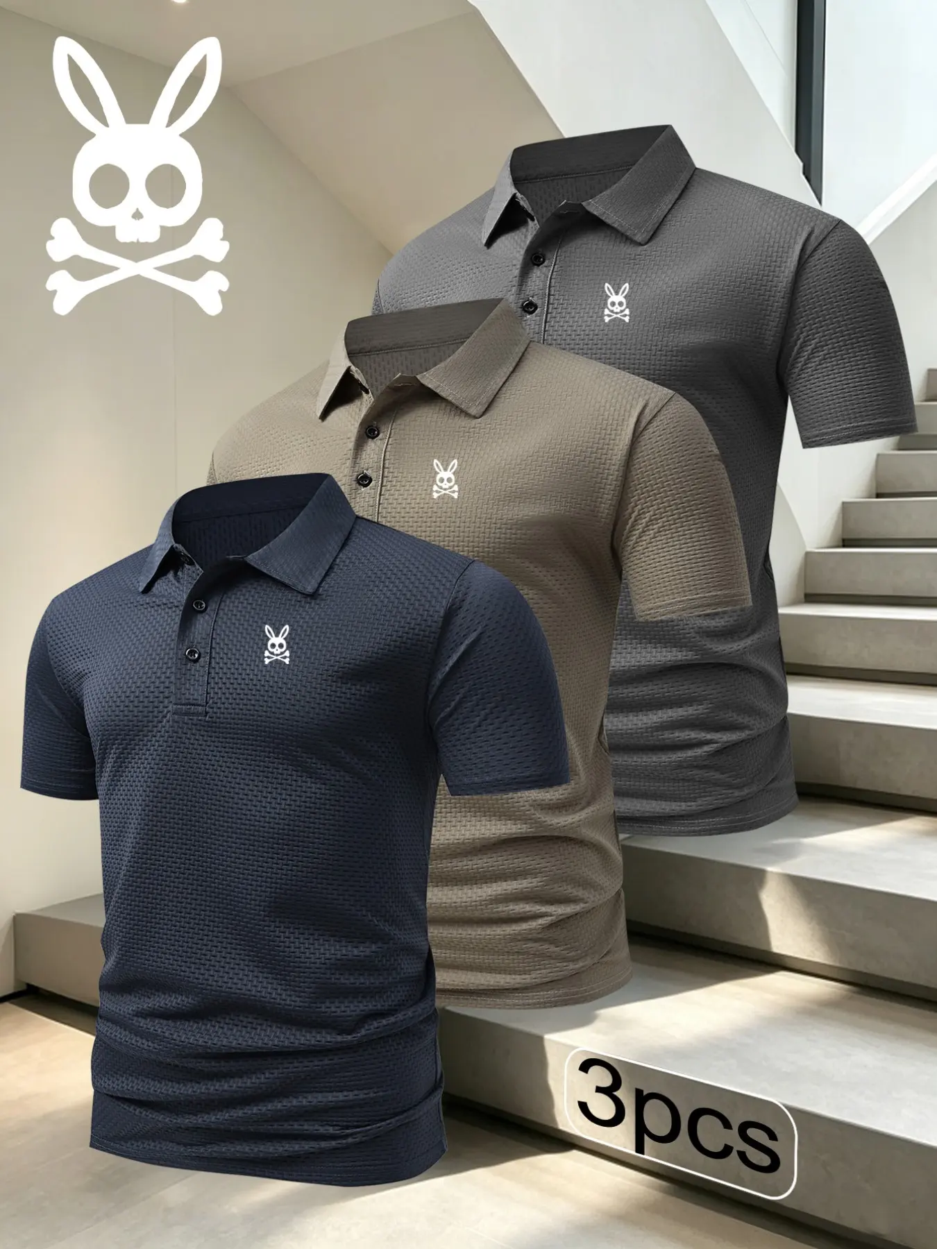 Men's Casual Geometric Print Polo Shirt, Fitted Stretch Breathable Four Seasons Wear, Comfortable Durable High-End Polo Top, 3-Pack Set