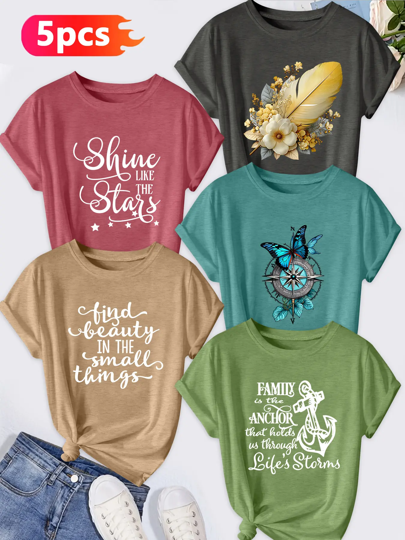 5Pcs Women Crew Neck T-shirt, Feather Floral Compass Butterfly Anchor Inspirational Outdoor Print, Multi-color Washable Soft Spring Summer Daily Fashion Top