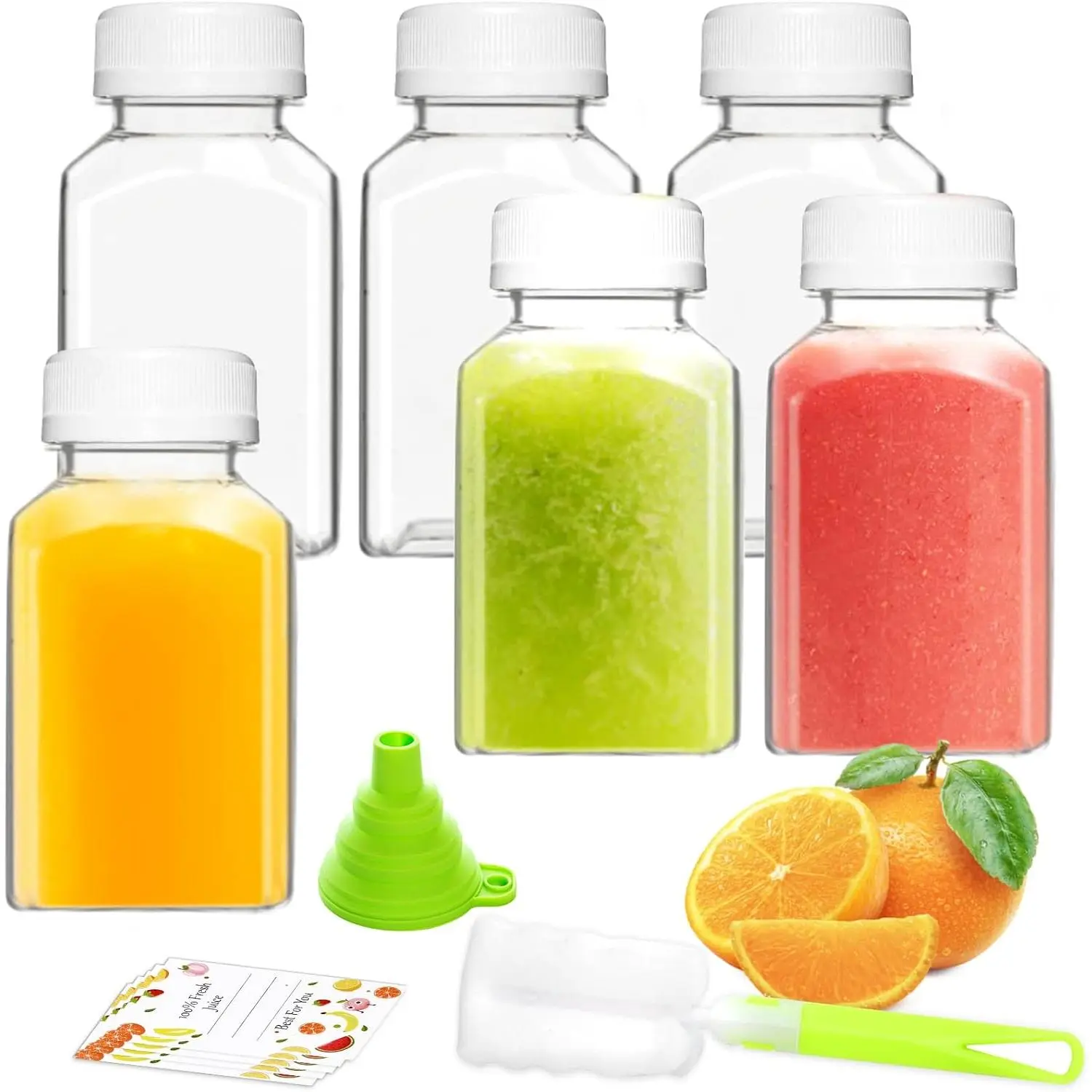Plastic Juice Bottles,  Juice Containers with White Tamper Proof , Brush, Funnel and Labels, Clear Juice Containers for Juicing, Smoothie and Homemade Beverages (6PCS 4oz)