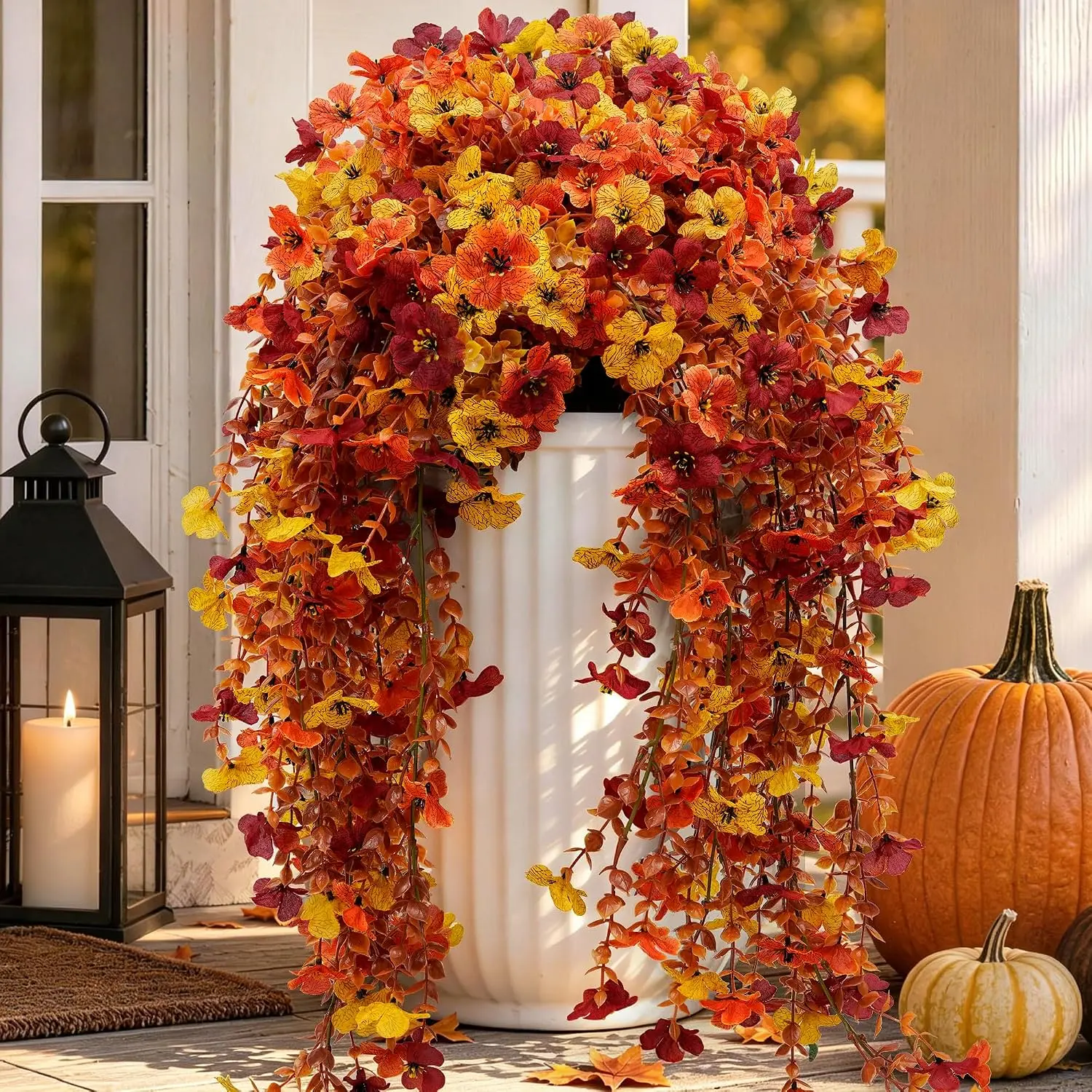 Realistic Autumn Orange-Red-Yellow Artificial Hanging Vine Bouquet with Leaves, Festive Porch Ornament for Thanksgiving, Halloween Party Home Decor
