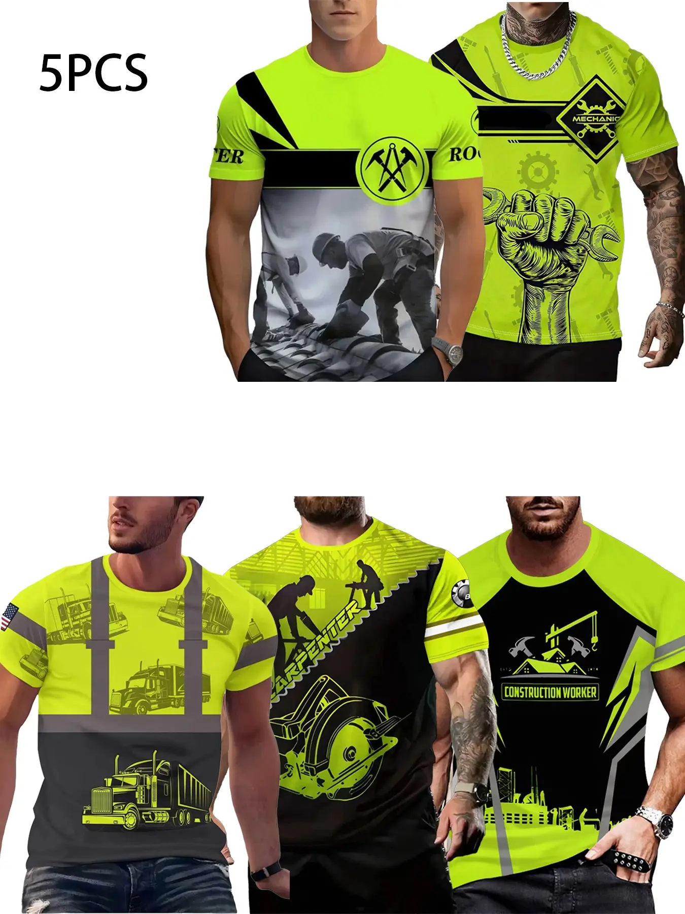 5-Pack Men's Construction Auto Repair Freight Worker Theme Short Sleeve T-Shirts, Casual Loose-Fit Round Neck Workwear Tops