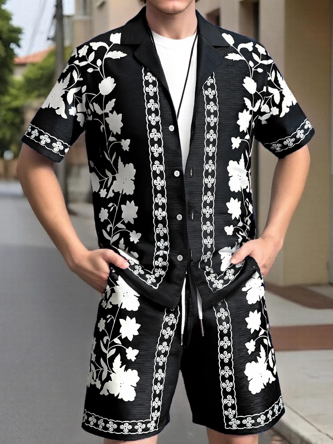 Men's Ethnic Pattern Button Front Shirt & Shorts Loungewear Two-Piece Set, Casual Comfy Short Sleeve Top & Shorts PJ Set, Men's Sleepwear for Summer