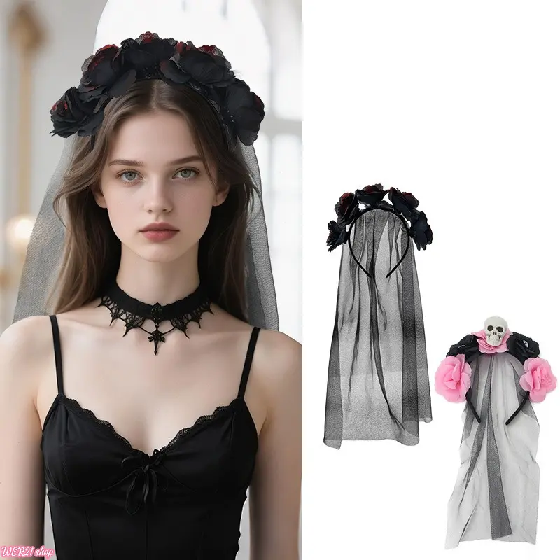 2 Pack Floral Party Headbands | Viral 2026 Days Of The Dead Red Black Rose Veil Headpieces, Gothic Flower Decor Costume Hair Hoops, Spooky Holiday Hair Accessories for Halloween Cosplay Photo Shooting Party Favor Gifts