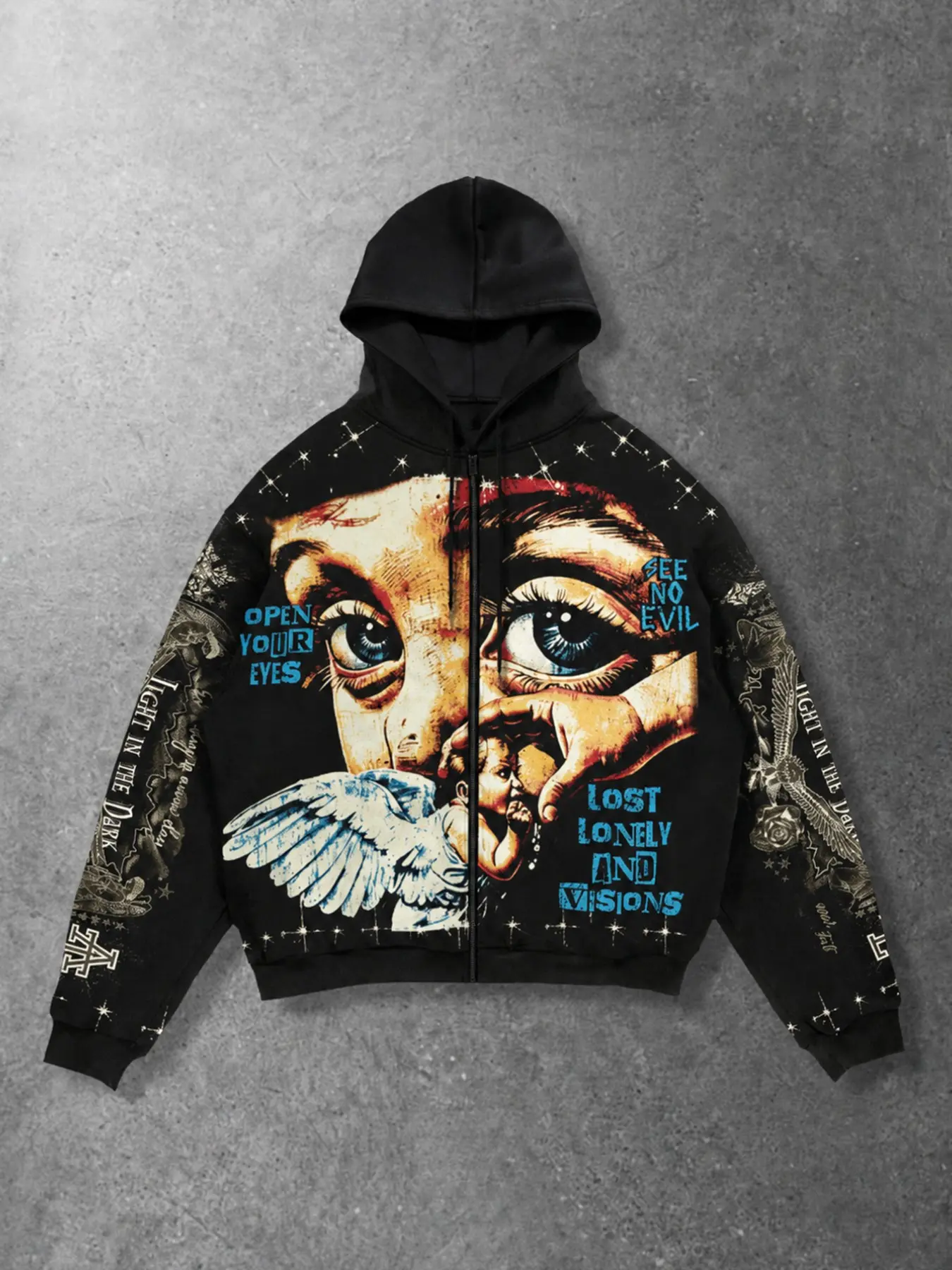 Men's Black Oversized Zip-Up Hoodie, Casual Streetwear Jacket with Grunge Angel Eye & "Open Your Eyes" Text Print, Retro Y2K Streetwear Outerwear for Fall, Campus Looks, Casual Outings, Parties, Travel, Night Outs, and Relaxed Dark Grunge Styling