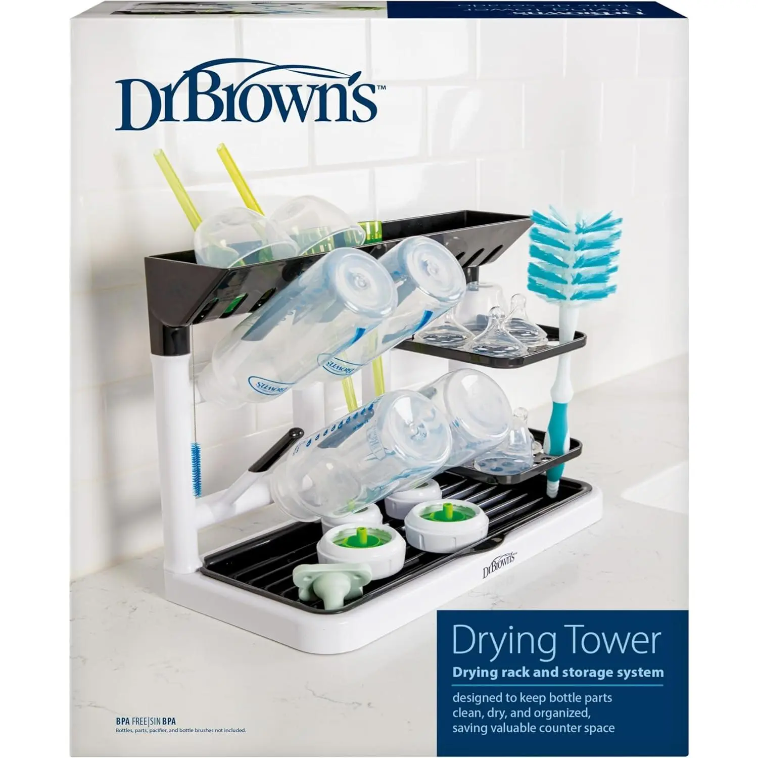 Dr. Brown's Drying Tower, Stand-Up Drying Rack, Countertop Baby Bottle Drying with Organized Storage for Baby Essentials, Space Saving Vertical Rack, Black/White