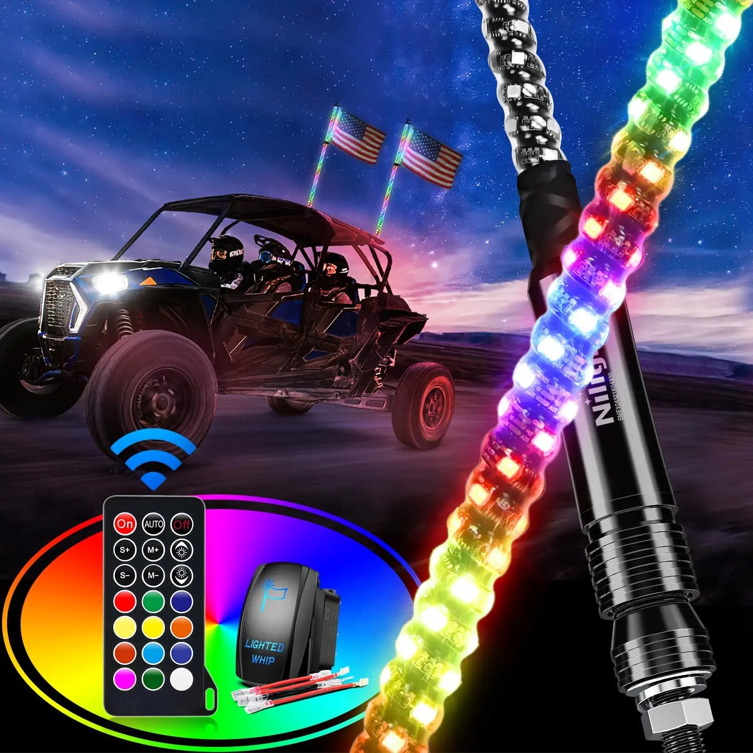 Nilight 2PCS 2FT Water Resistant Spiral RGB LED Whip Lights - Chasing/Dancing/Pulse Effects, RF Remote Control, Rocker Switch, Color Changing Car Antenna Neon Spots & Bars, Compatible with UTV, ATV