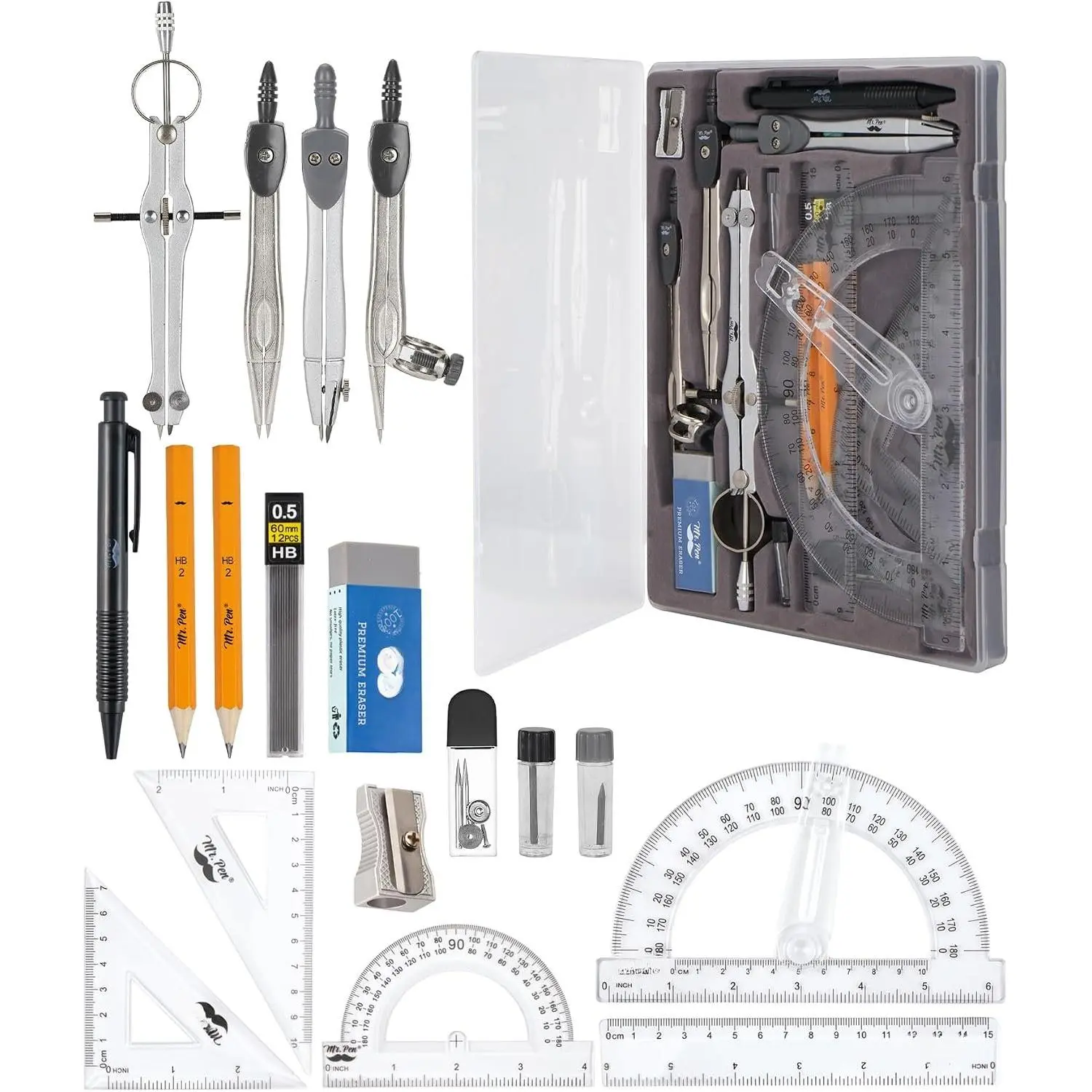- Geometry Set, 15 count Set with 6 Inch Swing Arm Protractor | IncludesMetal Divider, Set Squares, Ruler, Compasses for Math for Drafting & School Supplies