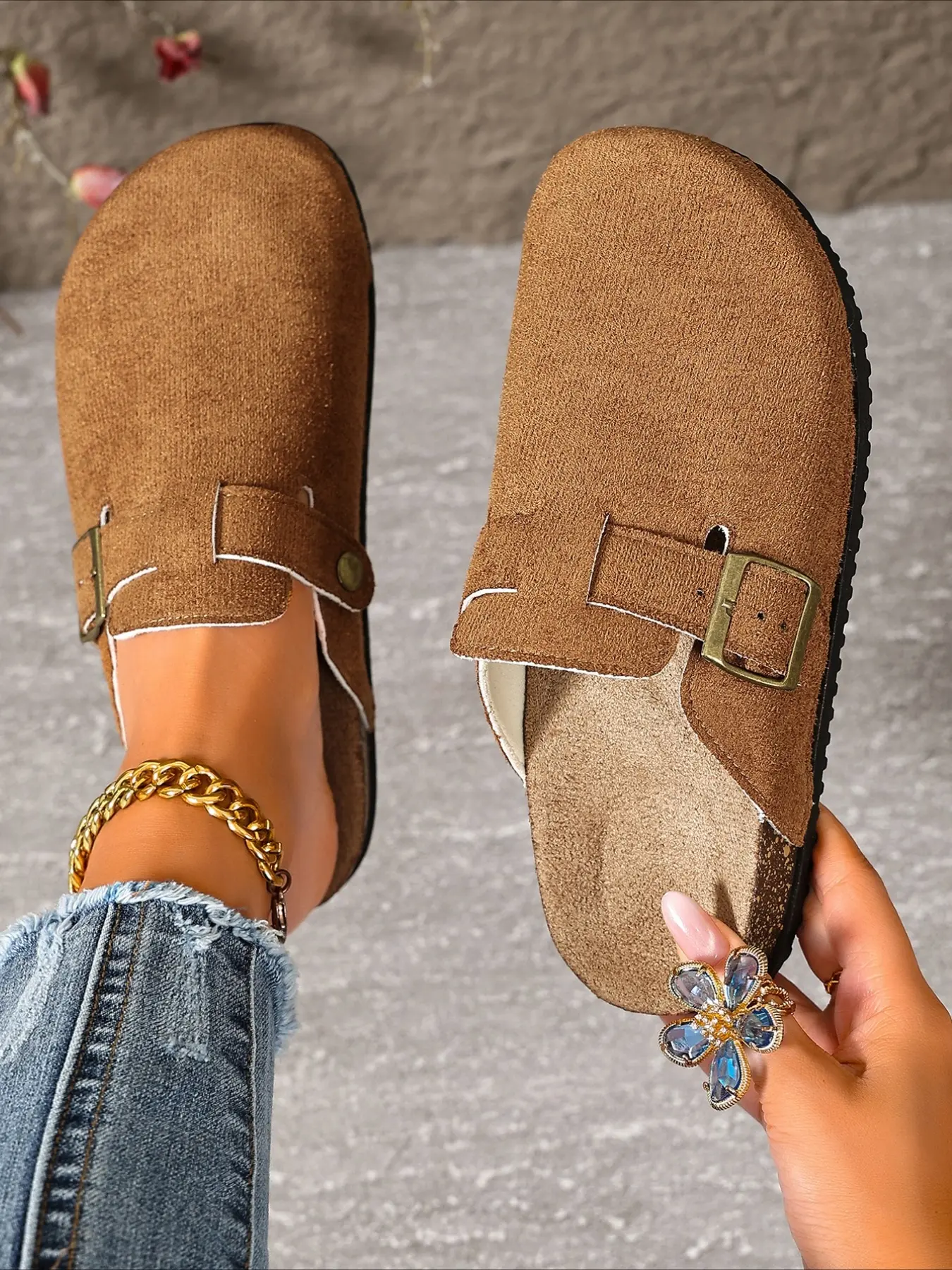 Closed toe birken mules with metal buckle, soft cork insole, three colors, lazy commuter slip-on casual women slide shoes