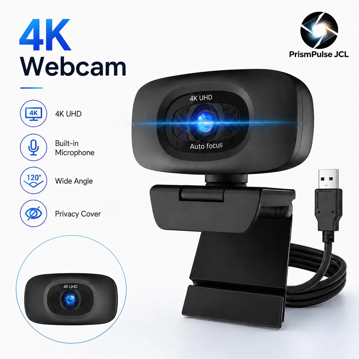 4K Ultra HD Webcam with Noise-Canceling Mic, Privacy Cover, USB Plug-And-Play, Auto Focus, Perfect for Video Calls & Live Streaming