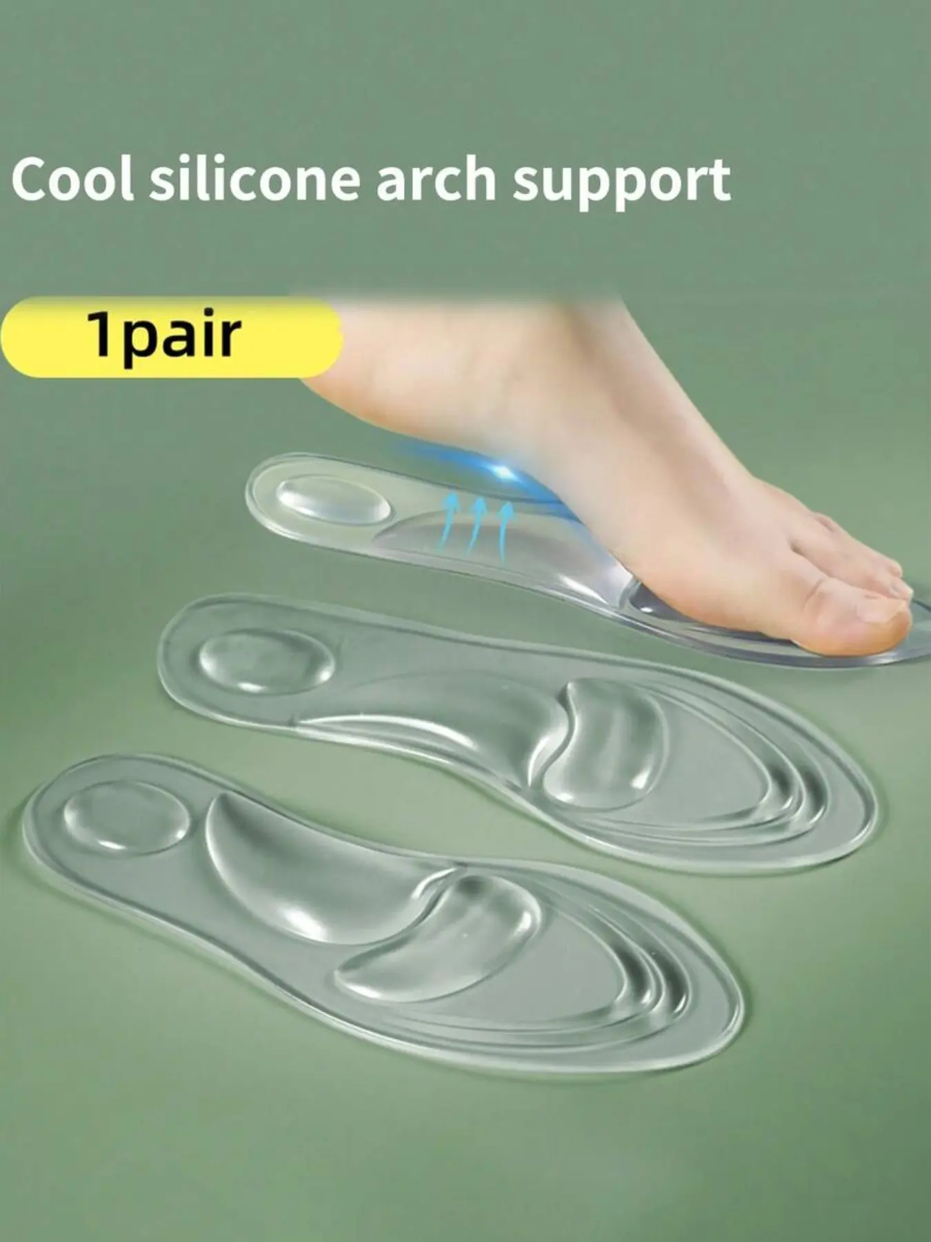 Women's Silicone Insoles, Anti-Slip Durable, Transparent Cushioning, Soft Elastic Arch Support, 4D Massage Arch Support Shoe Inserts