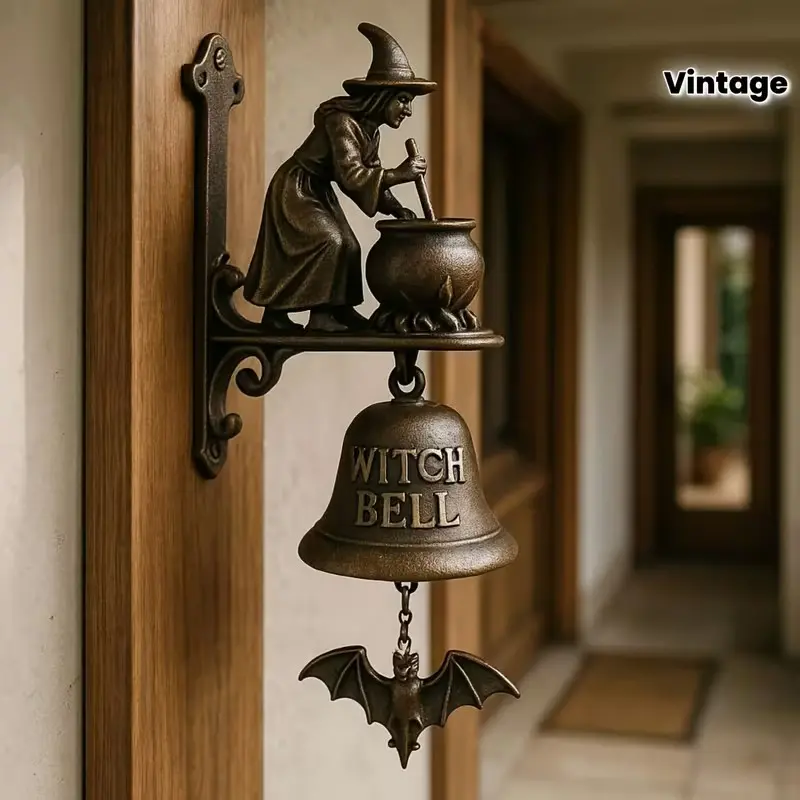 Resin retro witch doorbell, Halloween party decorative Vintage doorbell with witch riding broom, suitable for front door, porch, home and wall decoration.