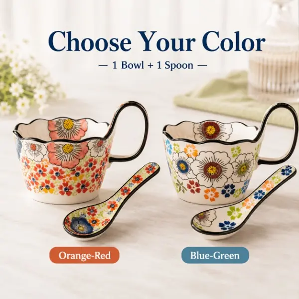LDQ Japanese Design Ceramic Tableware Bowl with Handle, Spoon, Hand-Painted Floral Motif, 16Oz Microwave-Safe for Soups, Salads