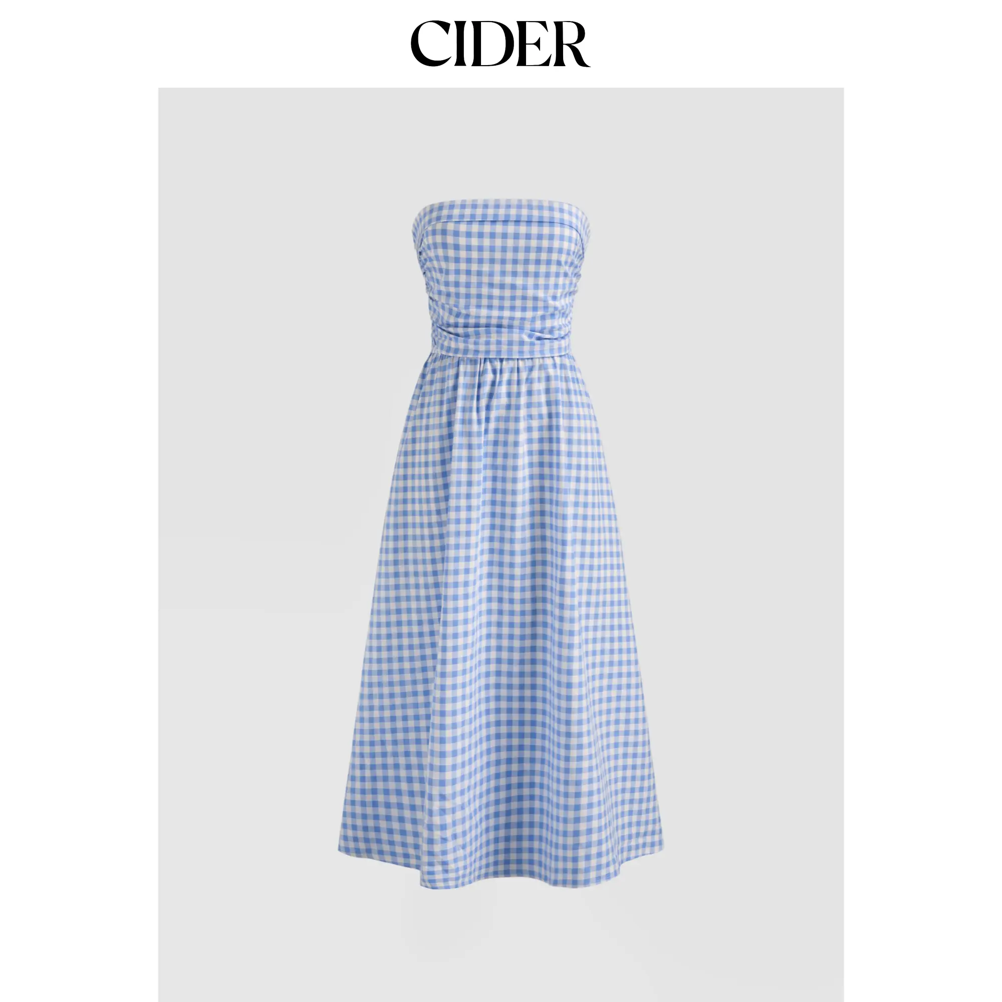 Cider [3 colors, size 0-26] Tube Gingham Ruffle Shirred Zipper Midi Dress SummerFinds