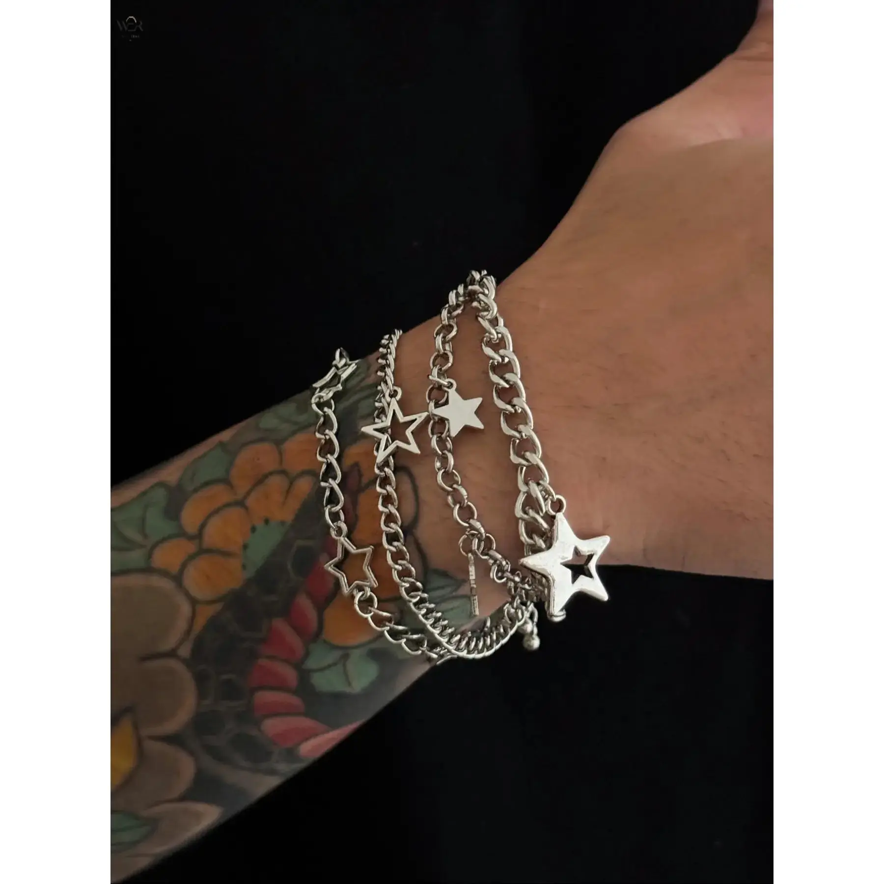 4 Pcs Y2K Star Pendant Chain Bracelet Set 19cm+5cm Extender 28.6g/Set, Silver Hollow Solid Star Charm Stackable Bangles, Adjustable Punk Wrist Jewelry for Daily Street Layering