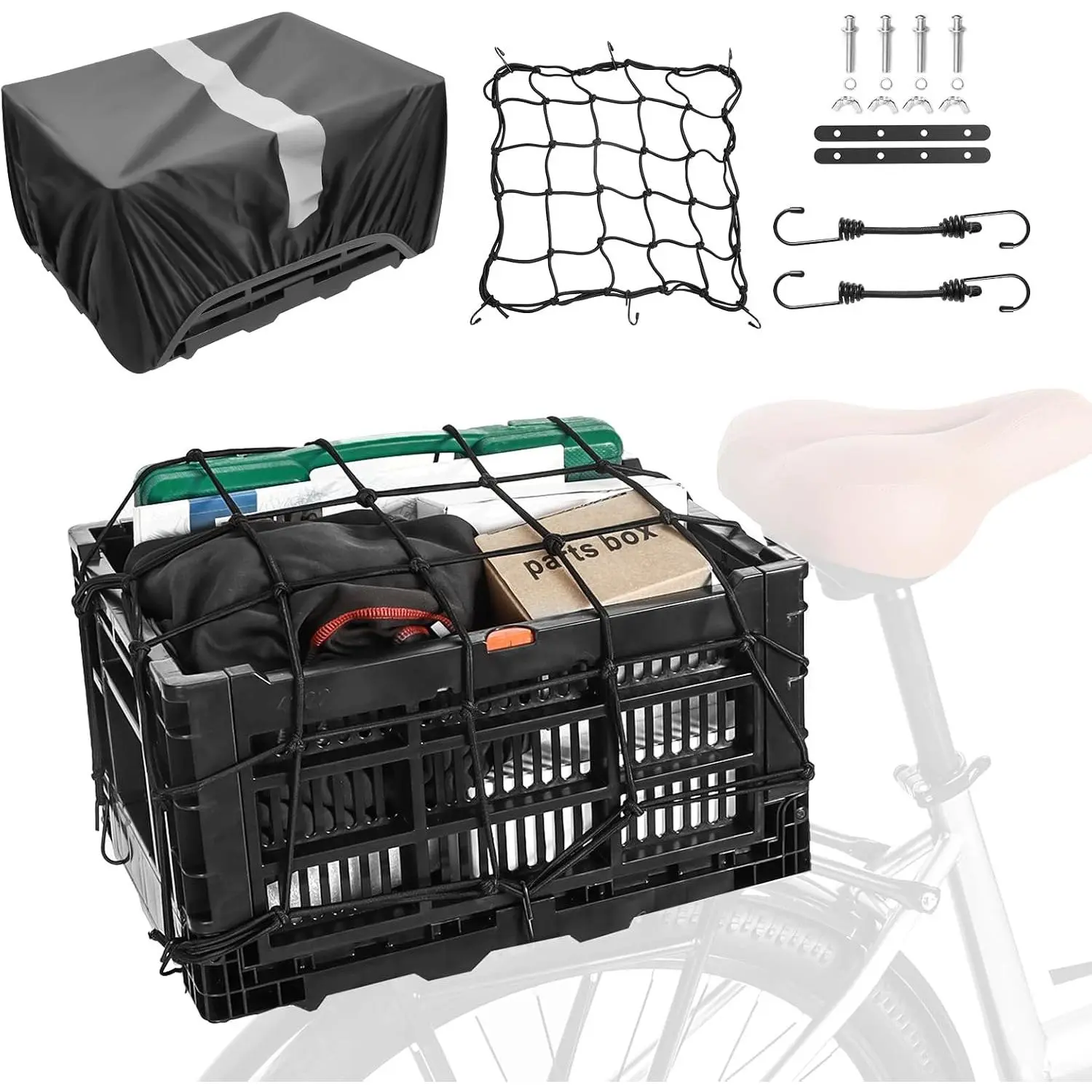 Basket Rear,Foldable  Cargo Basket, Plastic Collapsible Basket for , Rear  Baskets Storage  Milk Crate Rear Rack, Cover for Outings,Pets E-