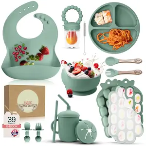 Baby Weaning Set – 15 Pcs Silicone Baby Feeding Set with Suction Plate, Bowl, Bib, Sippy Cup, Fruit Feeder & Freezer Tray – Baby Plates and Bowls Set for 3M+ |   BPA-Free Baby Dishes & Utensils
