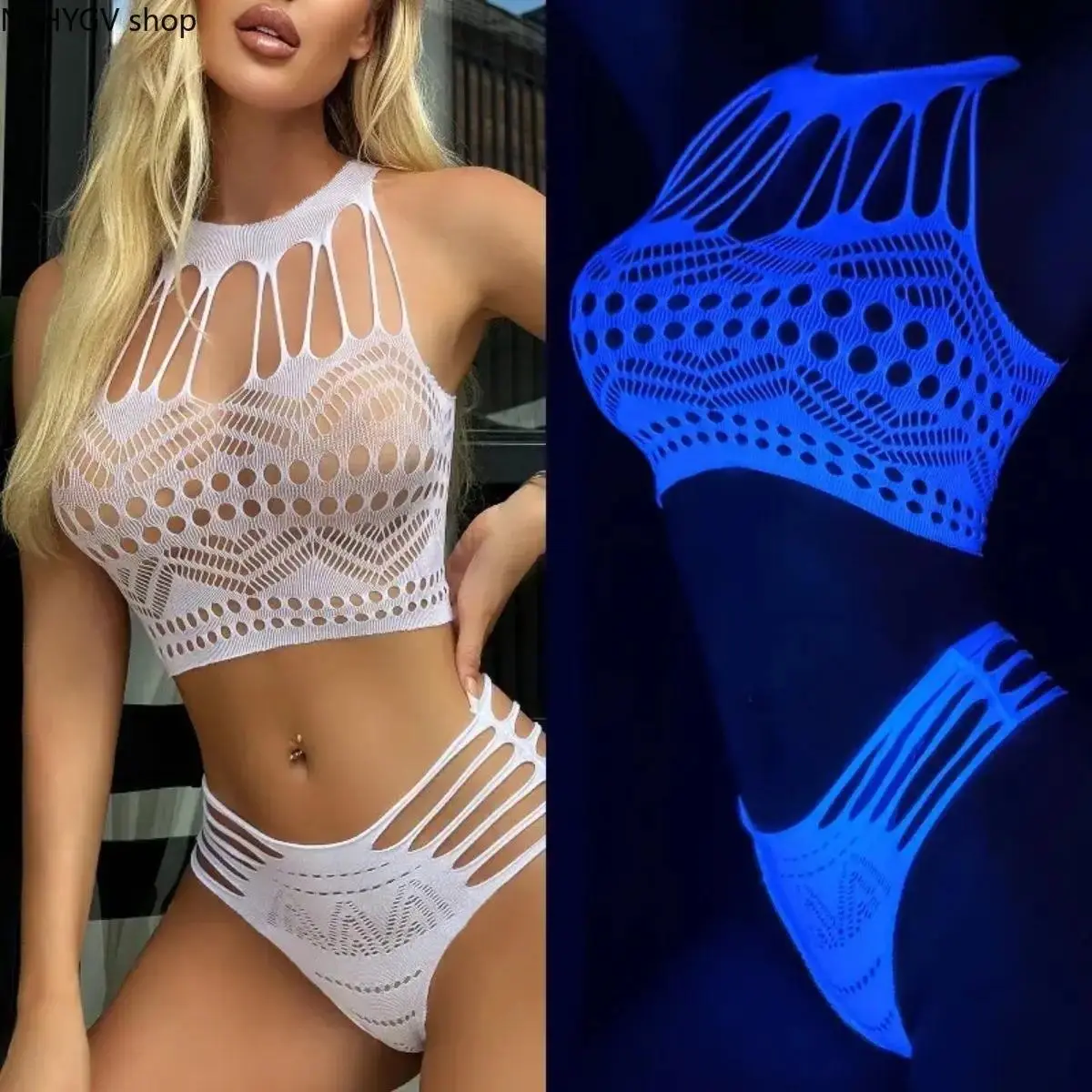 Women's Glow In The Dark Fishnet Cover Up Set, Hollow Knit Two Piece Lingerie Outfit, Sheer Mesh Beachwear with Lightweight Stretch Design, Trendy Summer Resort Wear for Pool Party, Vacation & Tropical Holiday sohochic