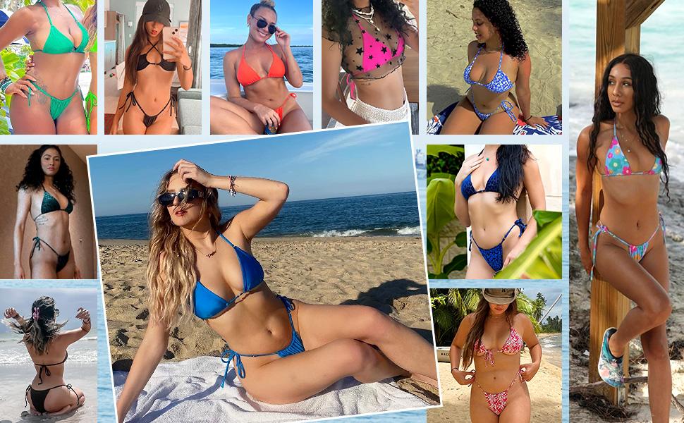 Women Halter String Bikini Set Sexy Thong Cheeky Two Piece Swimsuits Solid Color Bathing Swimwear