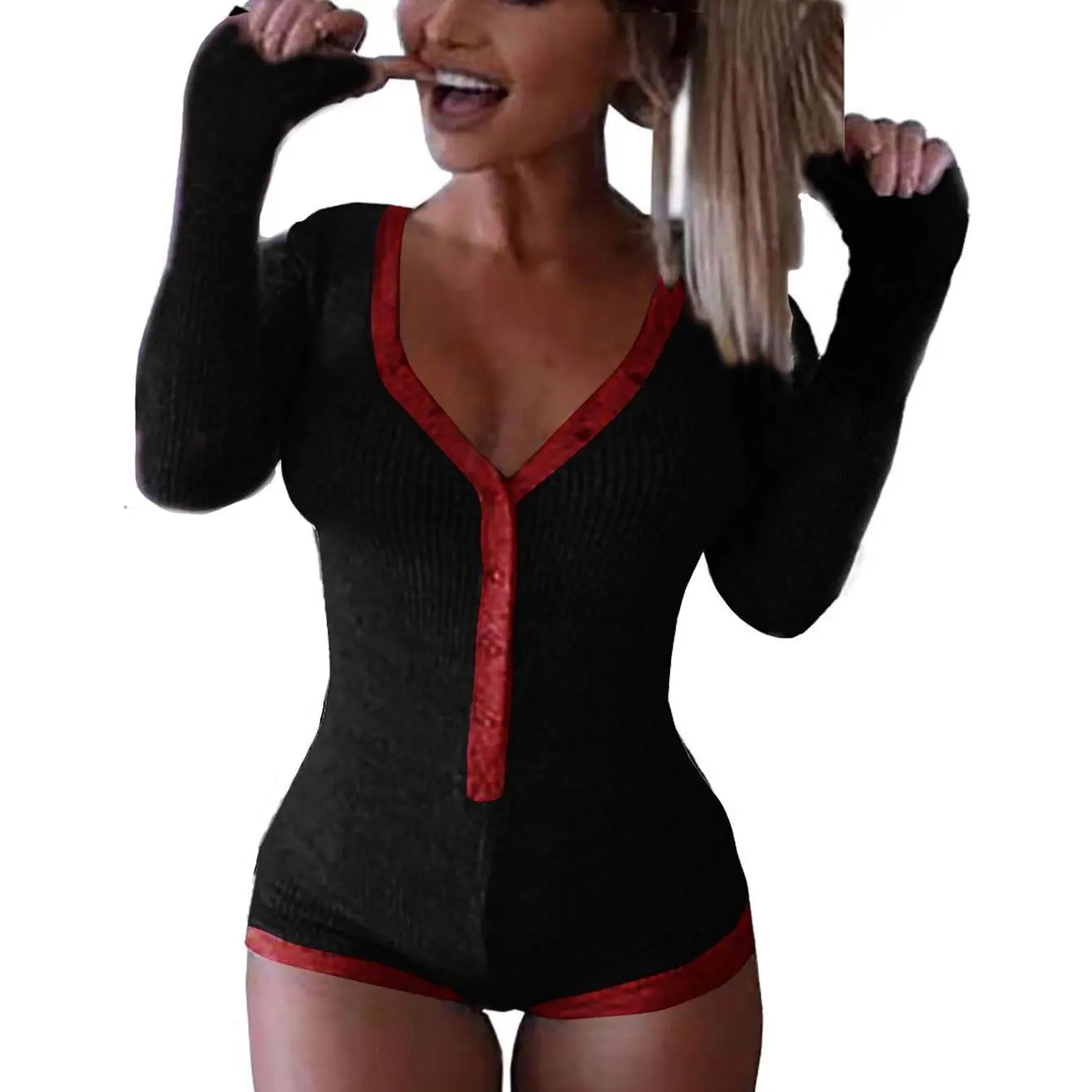Women's Sexy Deep V Neck Shorts Long Sleeve Knitted One Piece Bodysuit Sexy Pajama Onesie Bodycon Rompers Overall