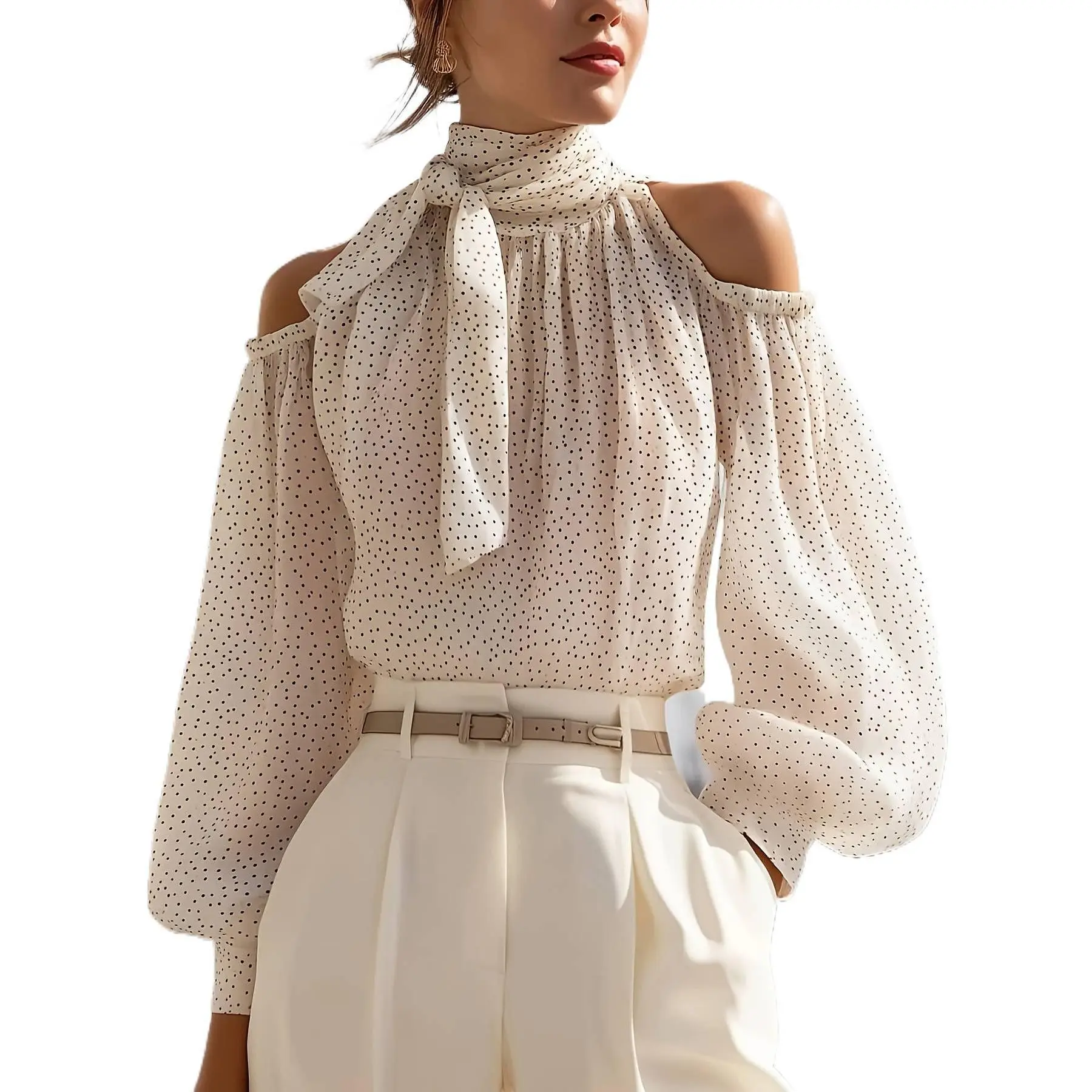 Women Elegant Polka Dot Off Shoulder Chiffon Blouse With Scarf Tie Neck