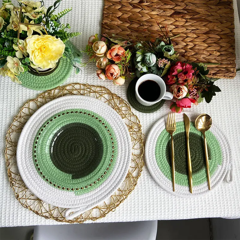 Bohemian Cotton Rope Placemat & Coaster Set - Round Heat-Resistant Non-Slip Trivet Tableware for Pots & Pans