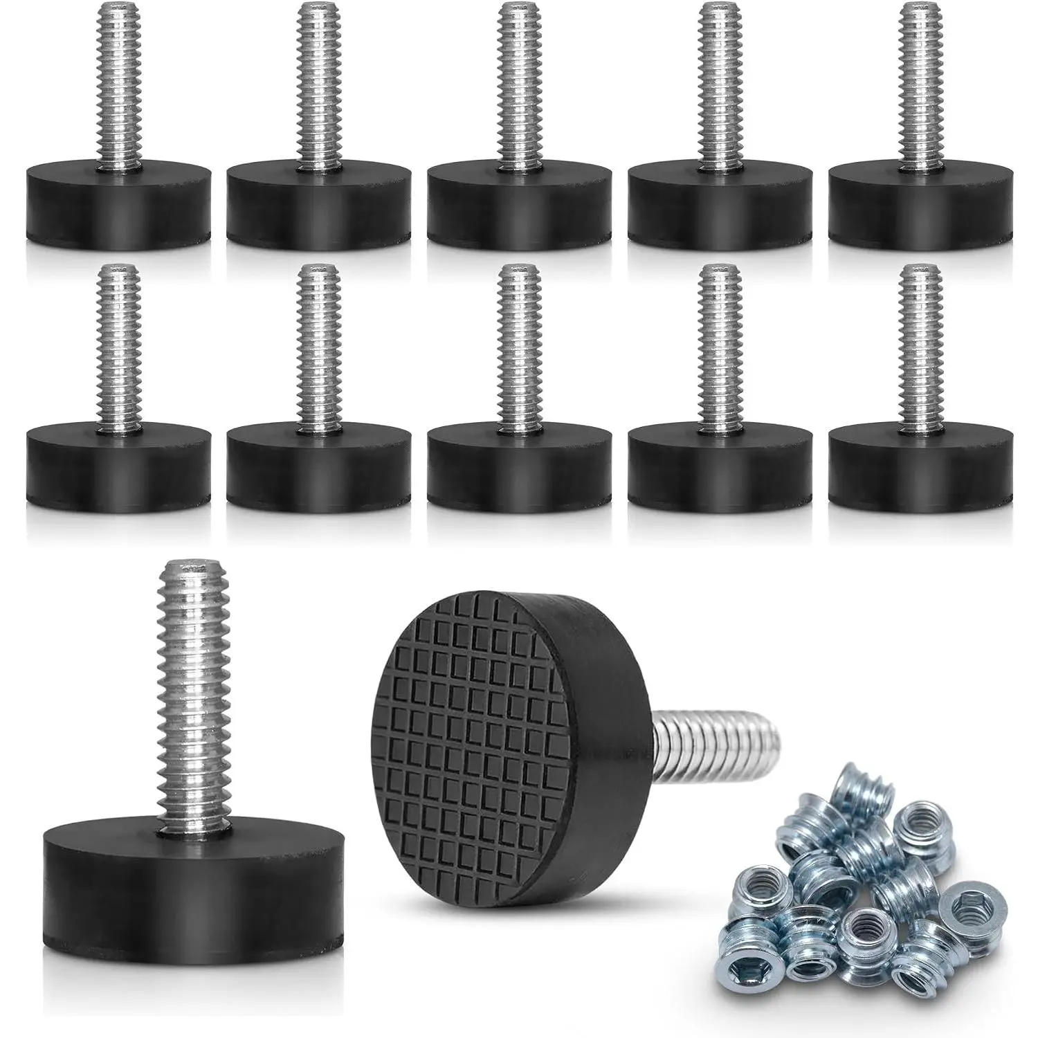 12PK Rubber 1/4"-20 Leveling Feet, Adjustable Levelers with Inserts | Solid all-rubber leveler, 0.35 to 0.85 inch adjustable height, levels wobbly table & chair legs, grips without scratching