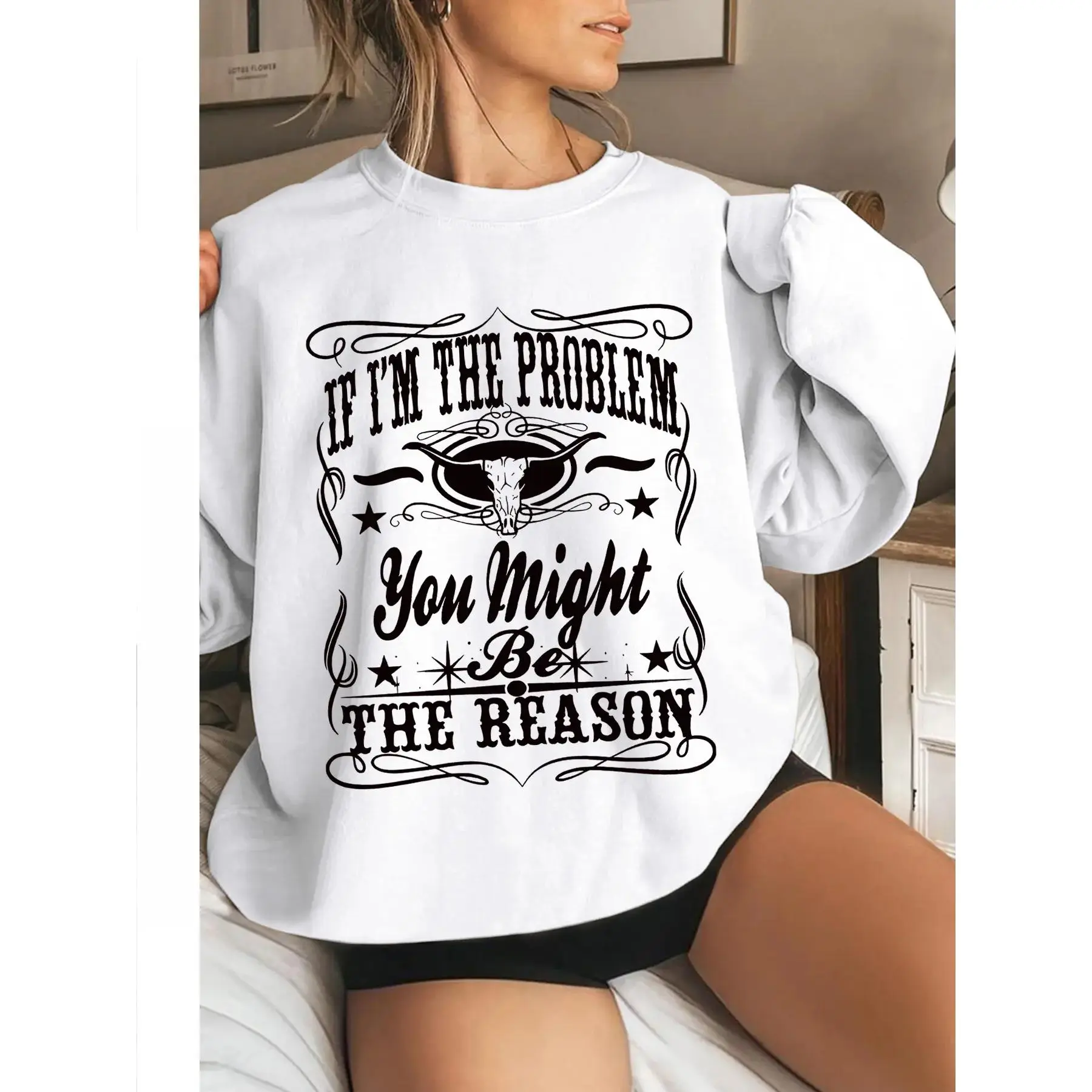 Women's Loose-Fitting Casual Crewneck (Round Neck) Longsleeve Sweatshirt with Bull Letter Print, Thick Pullover Tops for Fall & Winter Sports & Outdoor Wear