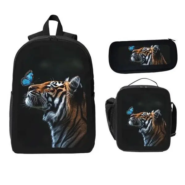 Men's Wild Animal 3-Piece School Bag Set - Backpack, Tiger Print Lunch Bag, Padded Breathable Shoulder Straps, Scratchproof, Waterproof, Zippered Multiple Pockets, Easy to Clean, Casual, Ages 6-14, Back-to-School Gift